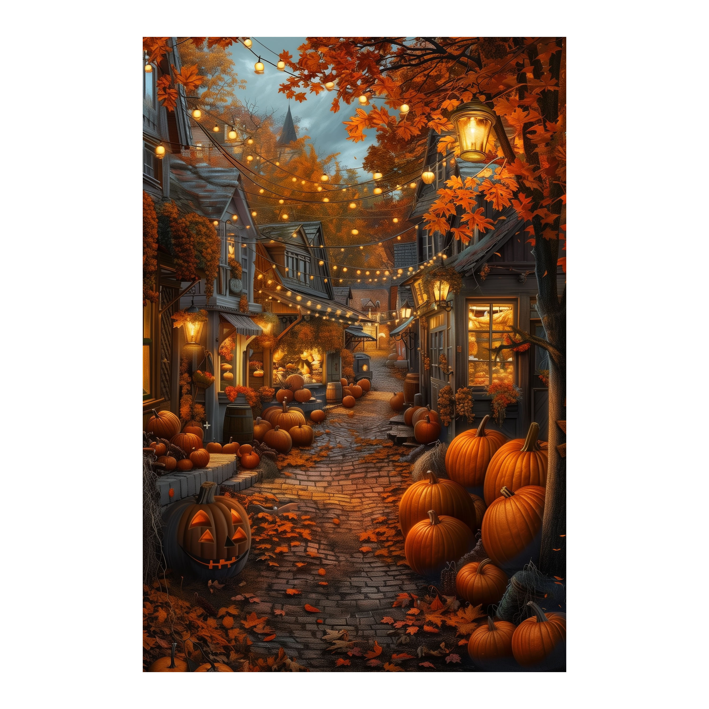 Cozy Autumn Pumpkin Street Wooden Jigsaw Puzzle Framed, Fall Harvest Village Wall Decor