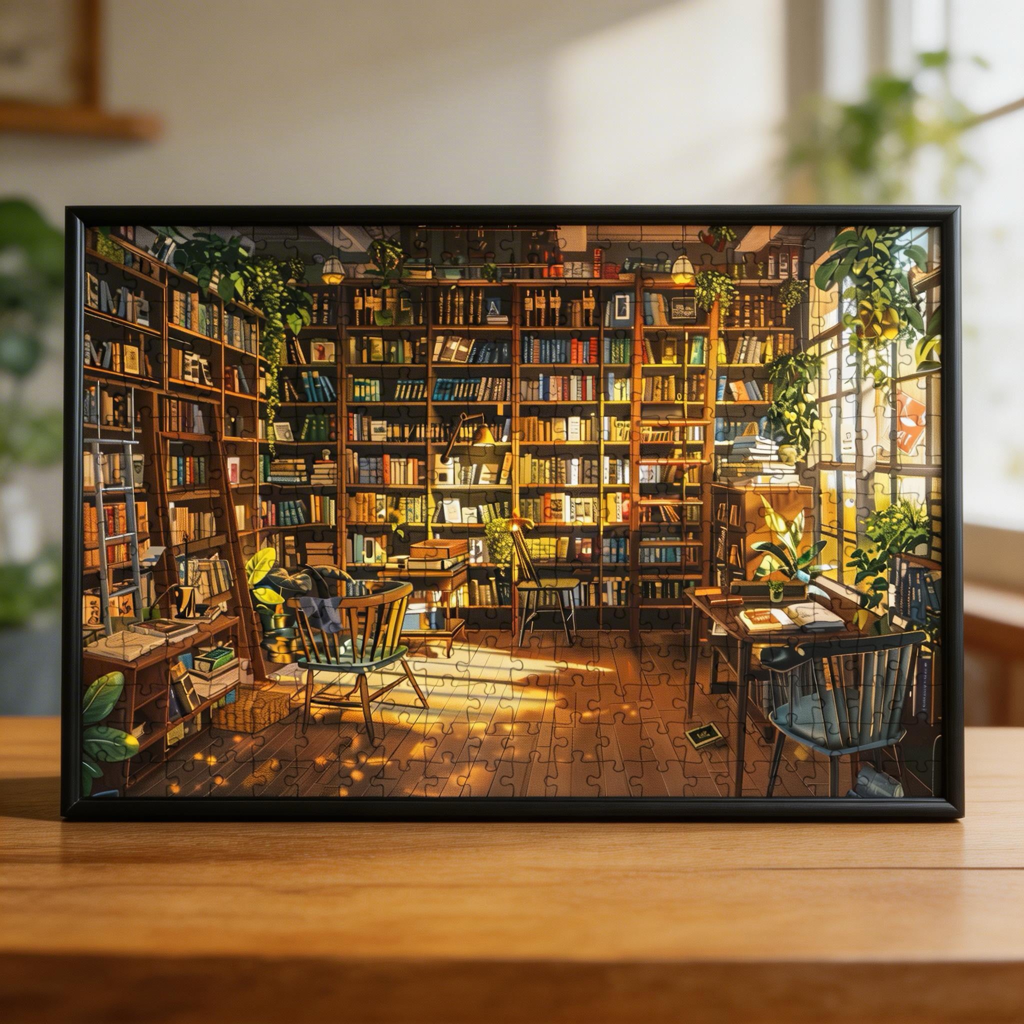 Cozy Book Lover's Study Wooden Jigsaw Puzzle - Sunlit Library Wood Puzzle for Adults