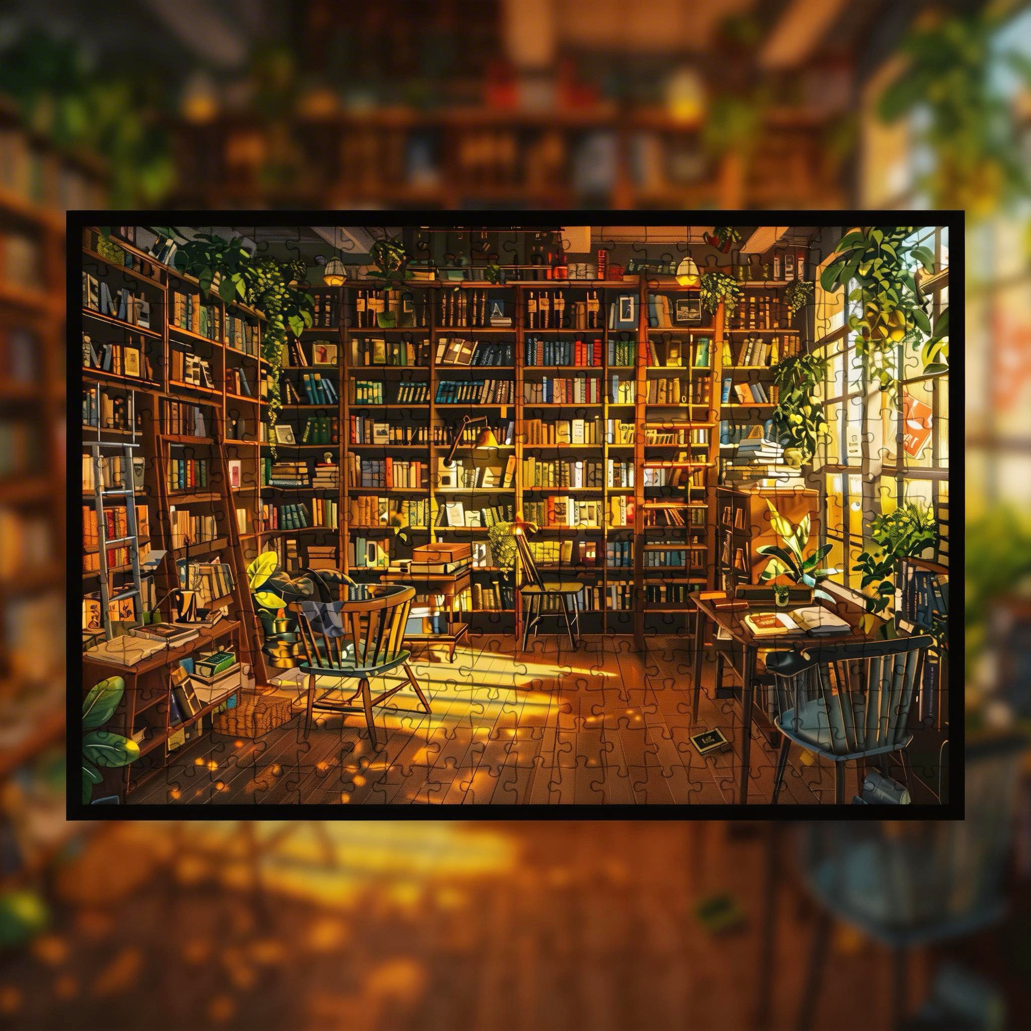 Cozy Book Lover's Study Wooden Jigsaw Puzzle, Framed Sunlit Library Wall Art