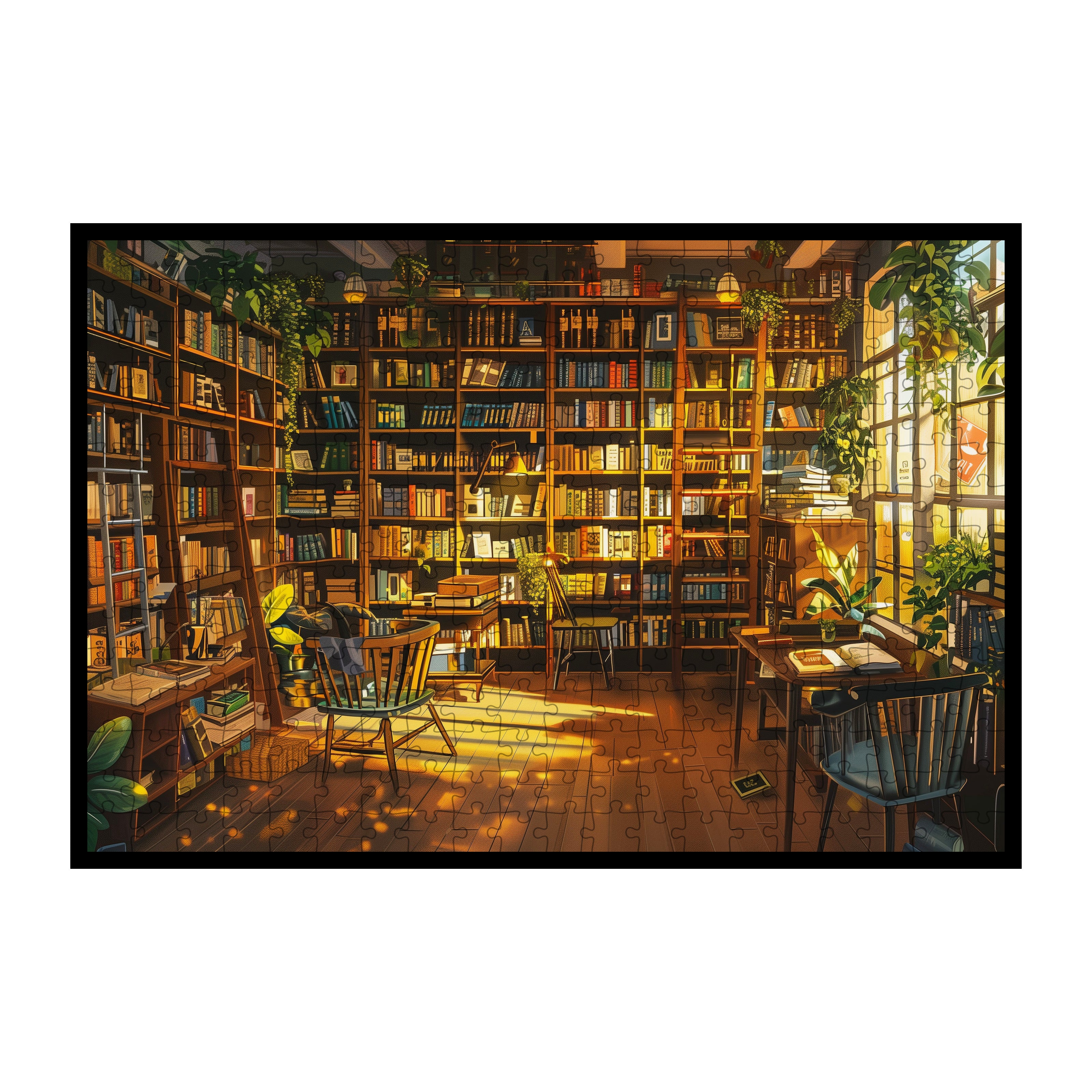 Cozy Book Lover's Study Wooden Jigsaw Puzzle, Framed Sunlit Library Wall Art