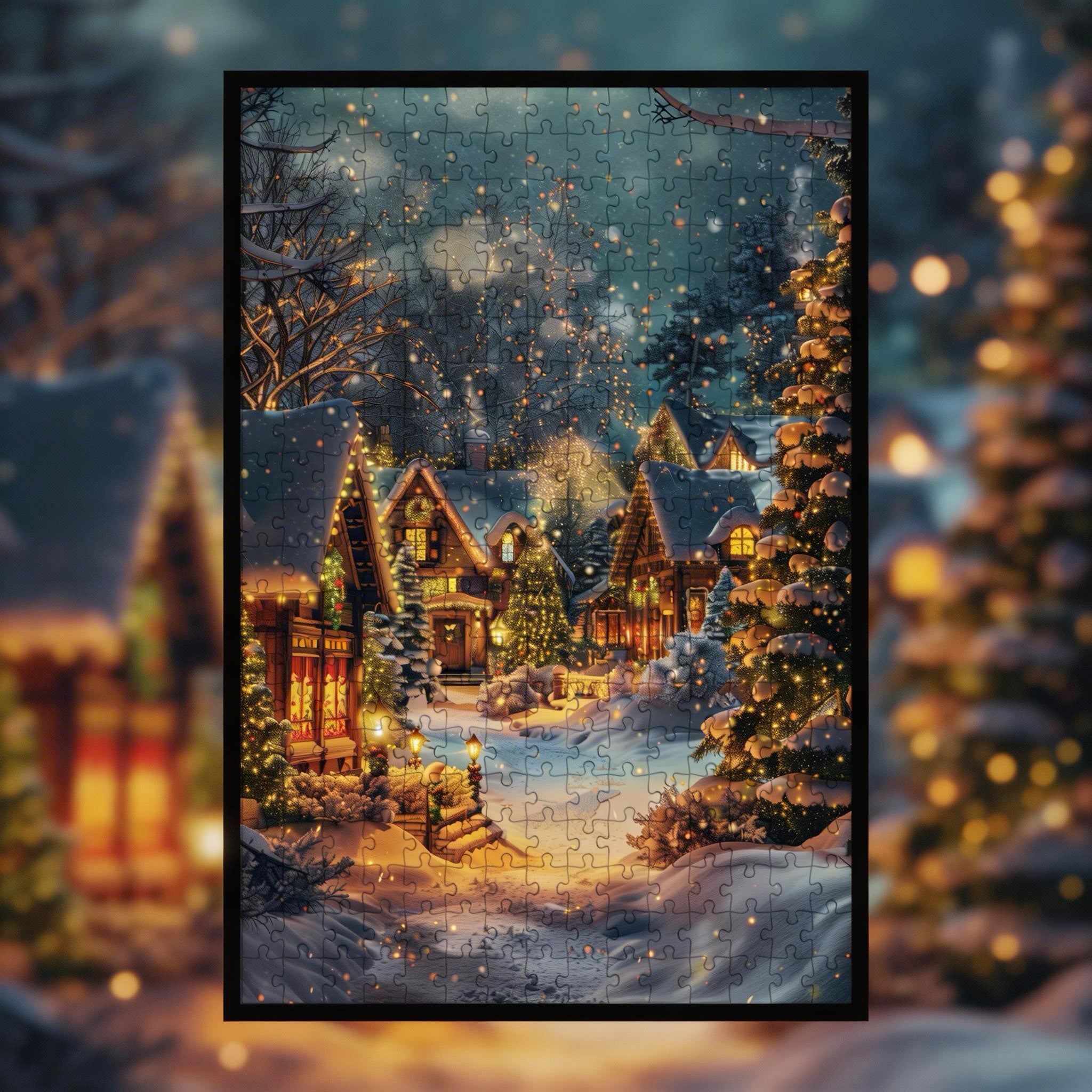 Cozy Christmas Snow Cabin Wooden Jigsaw Puzzle Framed, Winter Wonderland Wall Decor