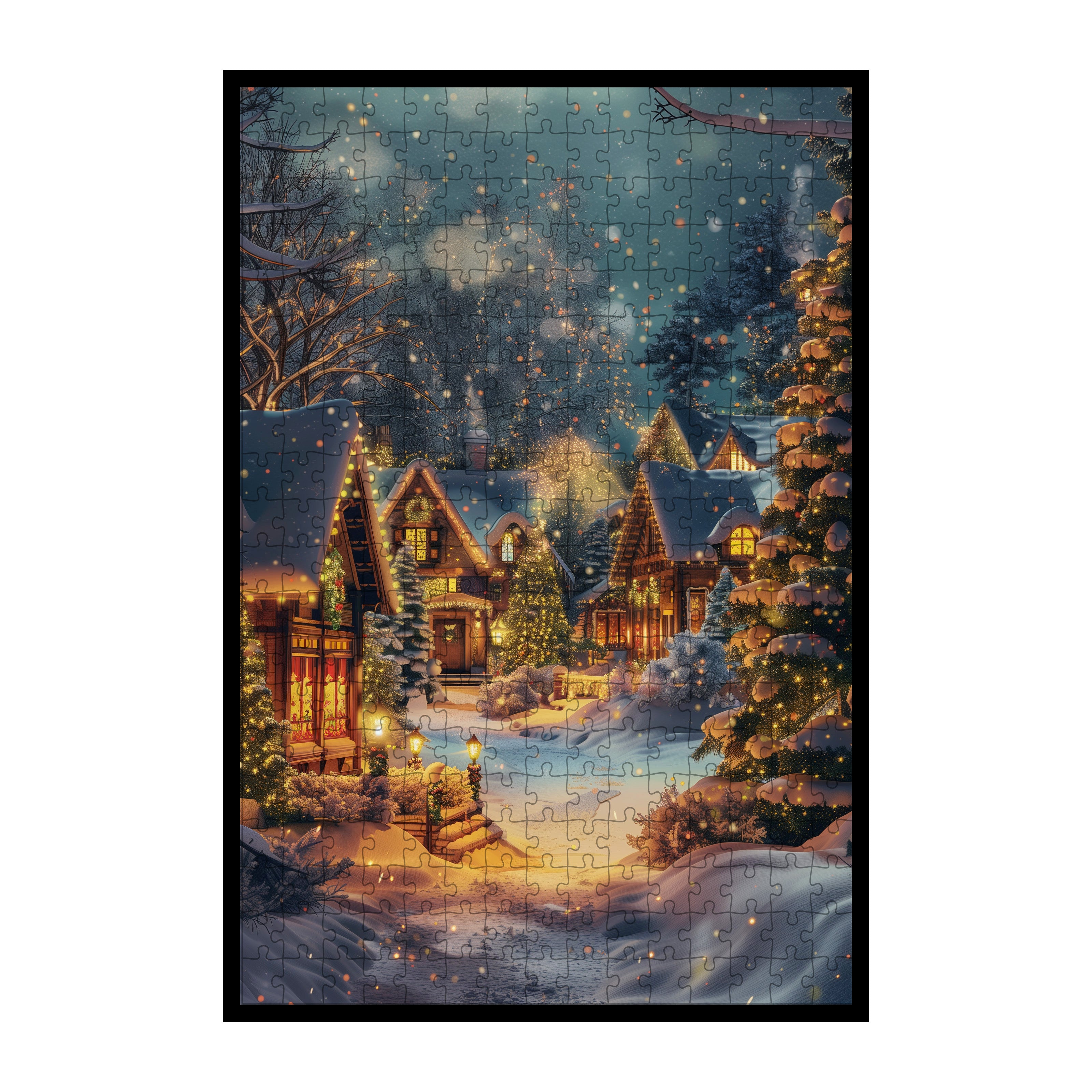 Cozy Christmas Snow Cabin Wooden Jigsaw Puzzle Framed, Winter Wonderland Wall Decor