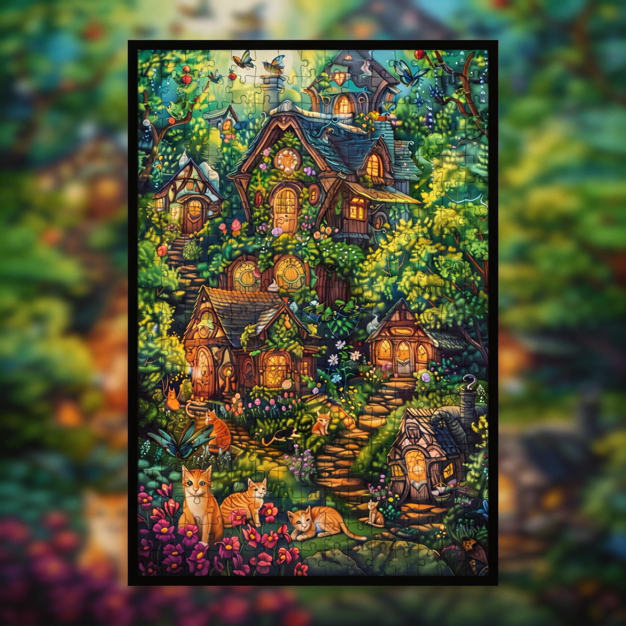 Cozy Feline Cottage Wooden Jigsaw Puzzle Framed, Magical Garden Wall Art