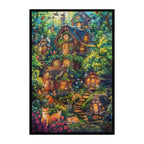 Cozy Feline Cottage Wooden Jigsaw Puzzle Framed, Magical Garden Wall Art