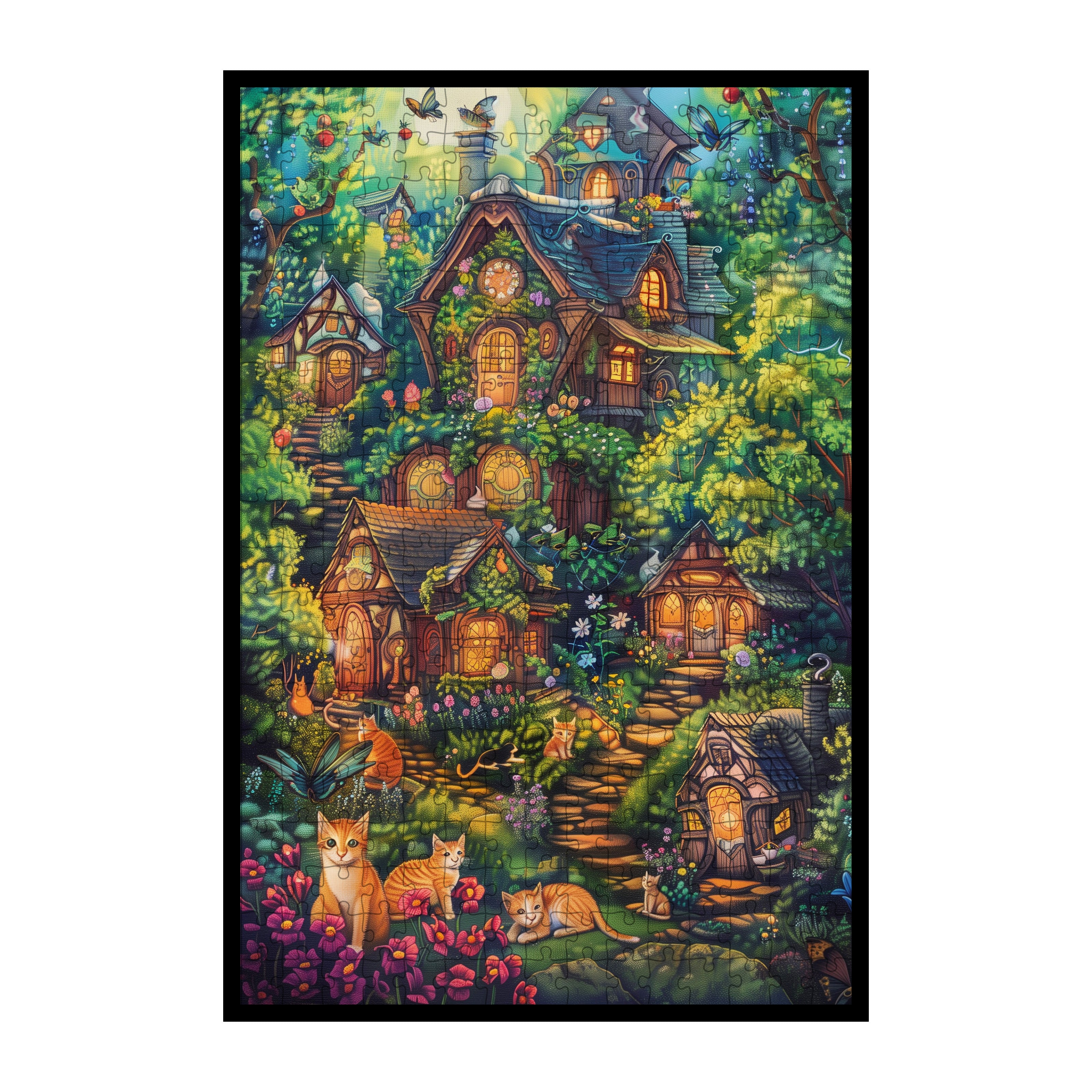 Cozy Feline Cottage Wooden Jigsaw Puzzle Framed, Magical Garden Wall Art
