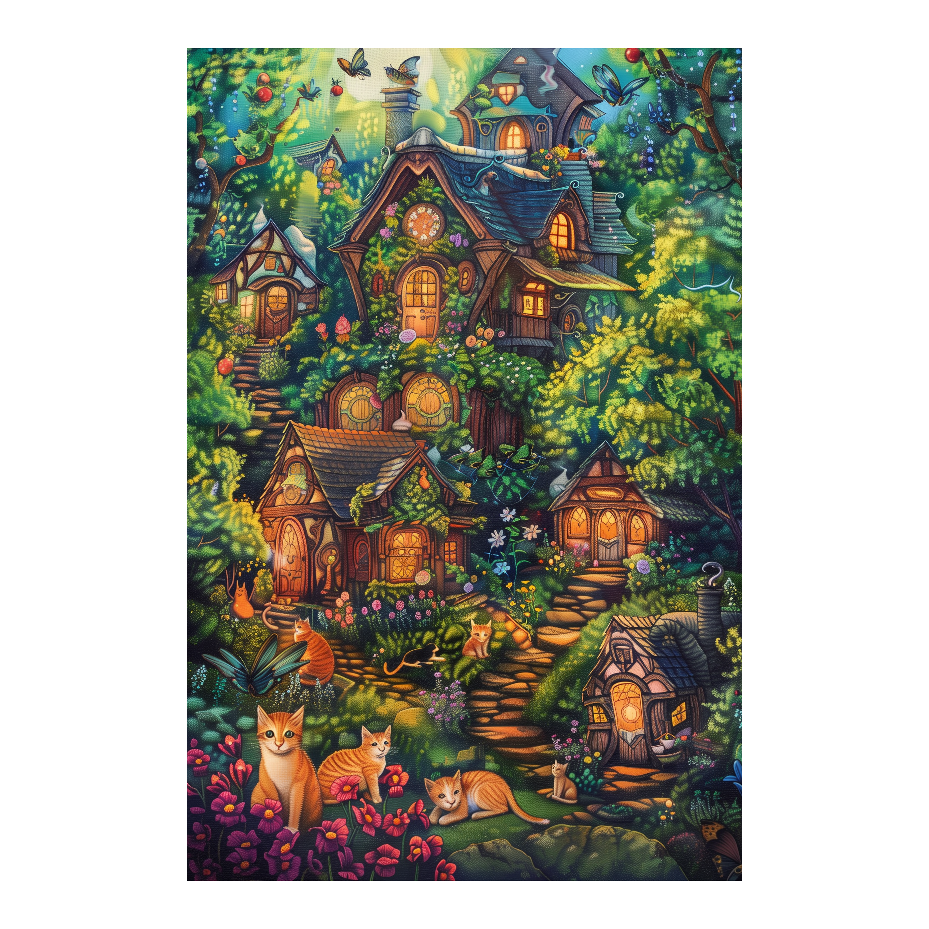 Cozy Feline Cottage Wooden Jigsaw Puzzle Framed, Magical Garden Wall Art