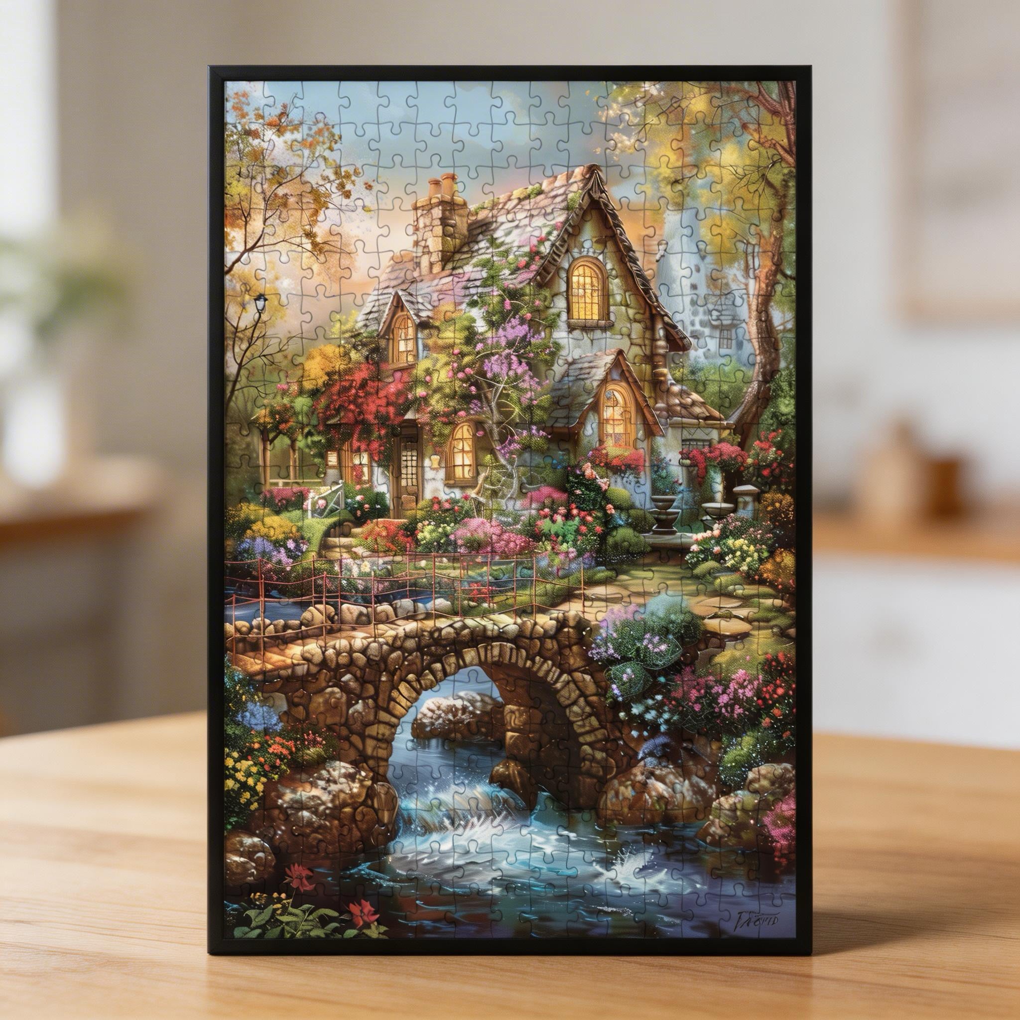 Cozy Mountain Stream Cottage Wooden Jigsaw Puzzle - Rustic Waterfall Wood Puzzle for Adults