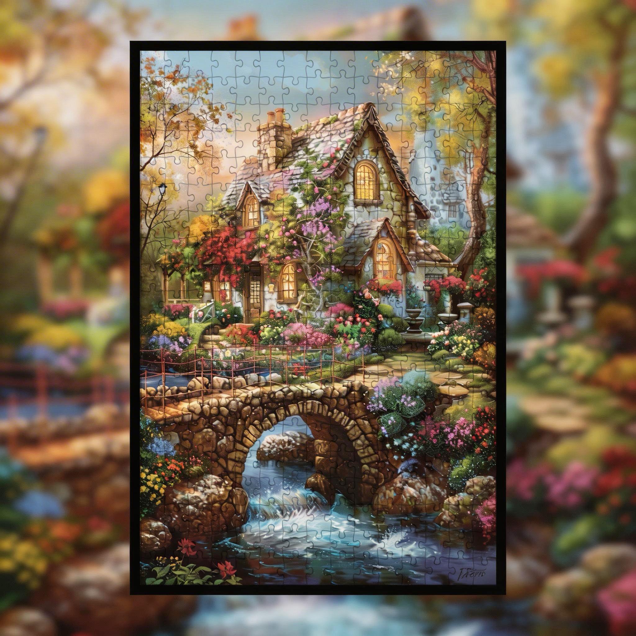 Cozy Mountain Stream Cottage Wooden Jigsaw Puzzle Framed, Rustic Waterfall Home Decor