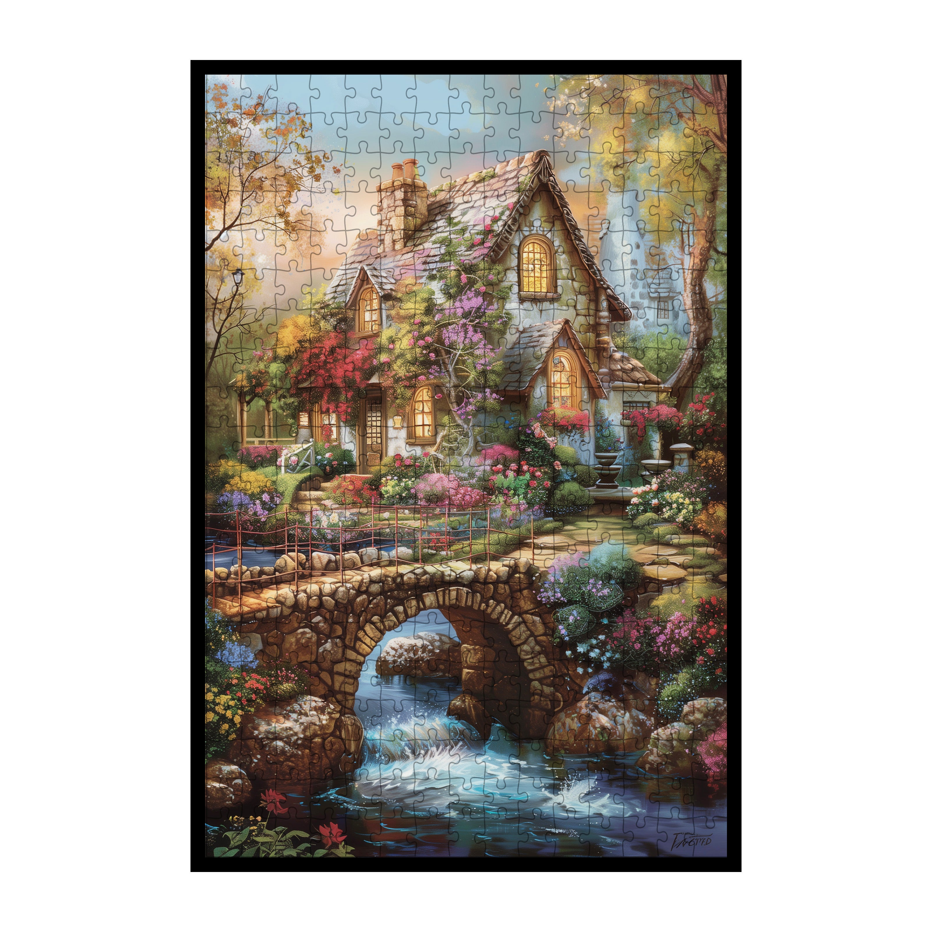 Cozy Mountain Stream Cottage Wooden Jigsaw Puzzle Framed, Rustic Waterfall Home Decor