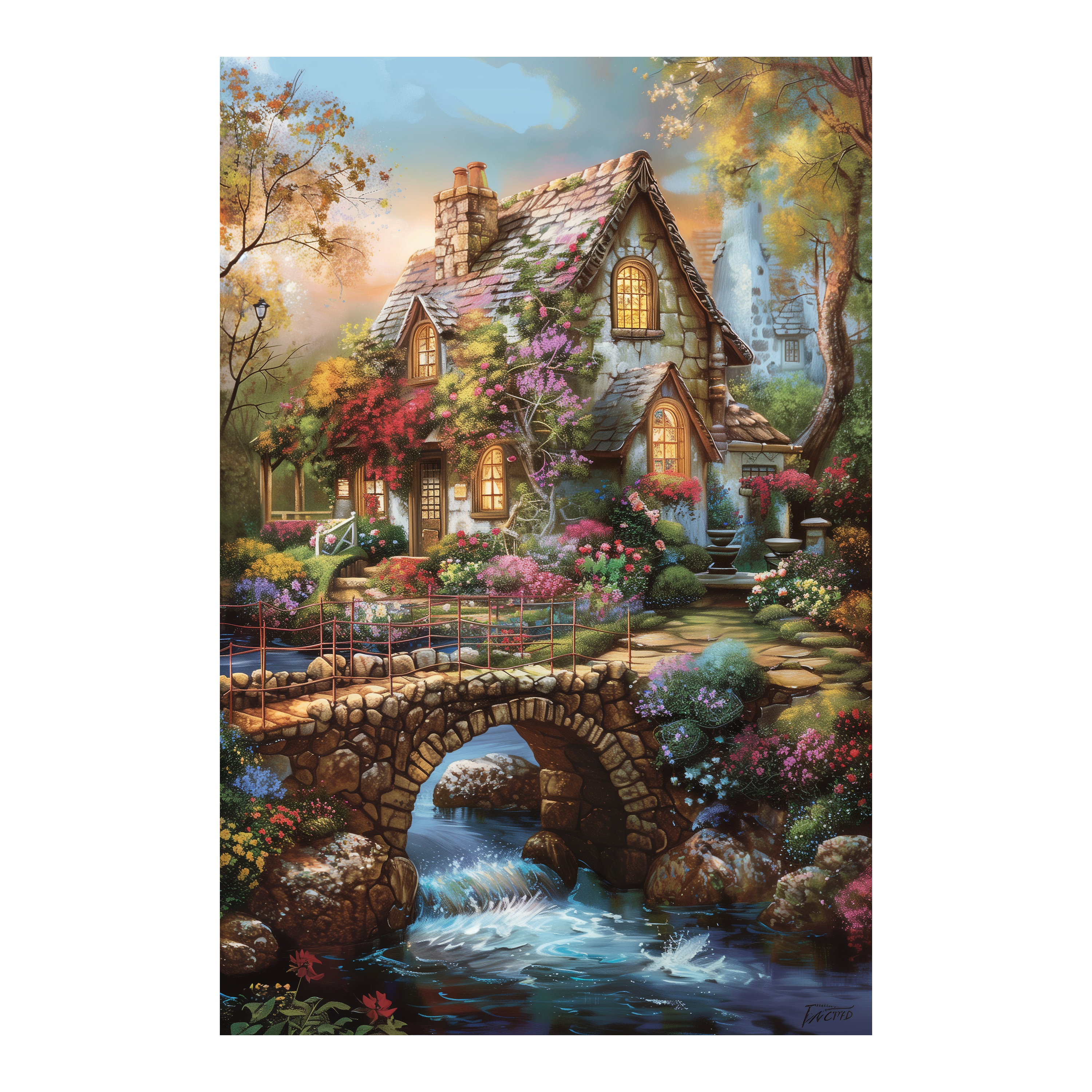 Cozy Mountain Stream Cottage Wooden Jigsaw Puzzle Framed, Rustic Waterfall Home Decor