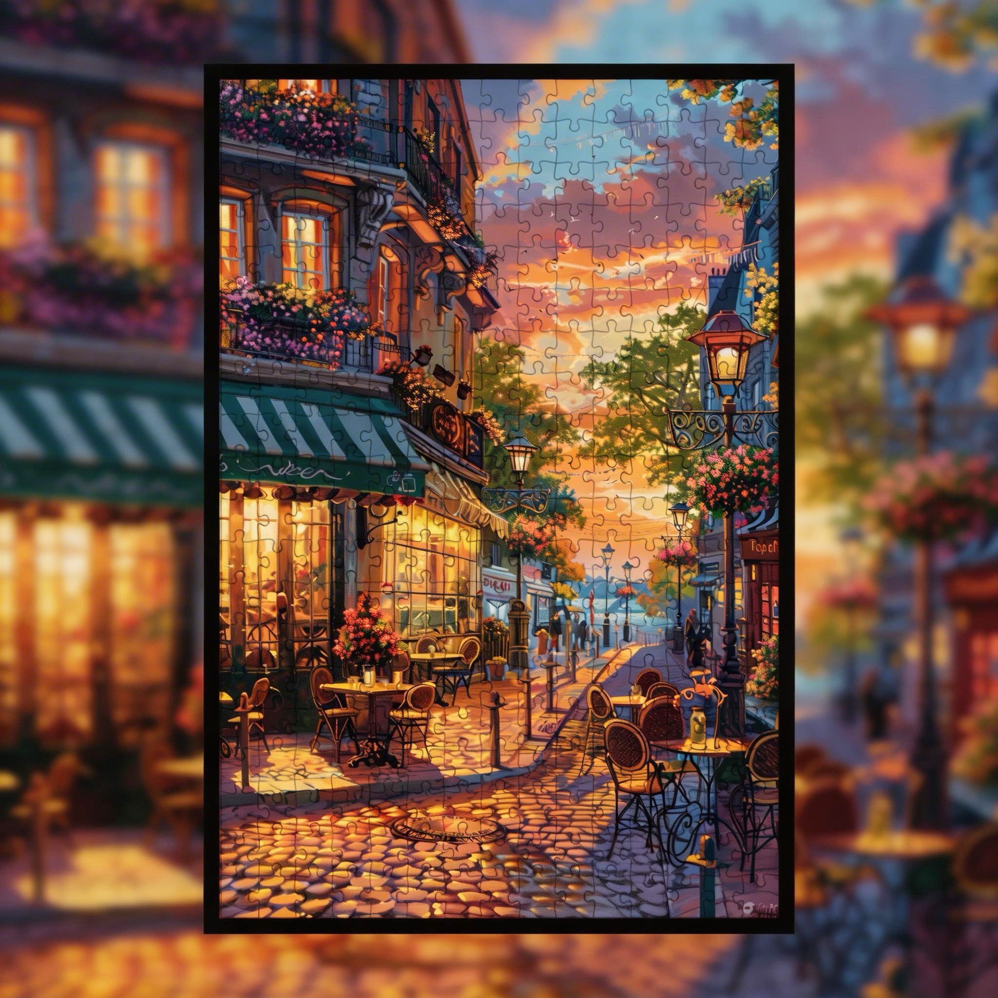 Cozy Parisian Street Cafe Wooden Jigsaw Puzzle Framed, Aesthetic French Home Decor