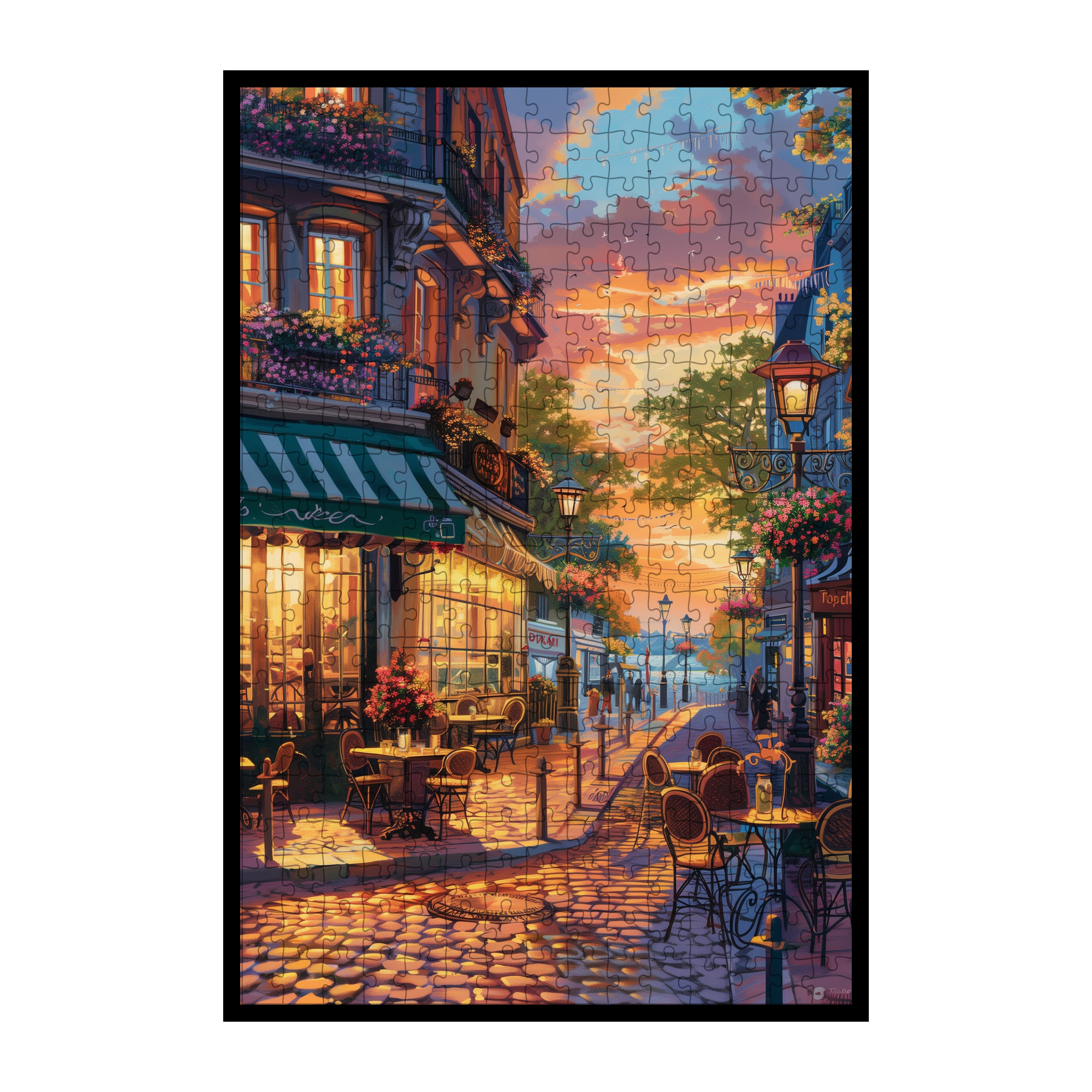 Cozy Parisian Street Cafe Wooden Jigsaw Puzzle Framed, Aesthetic French Home Decor