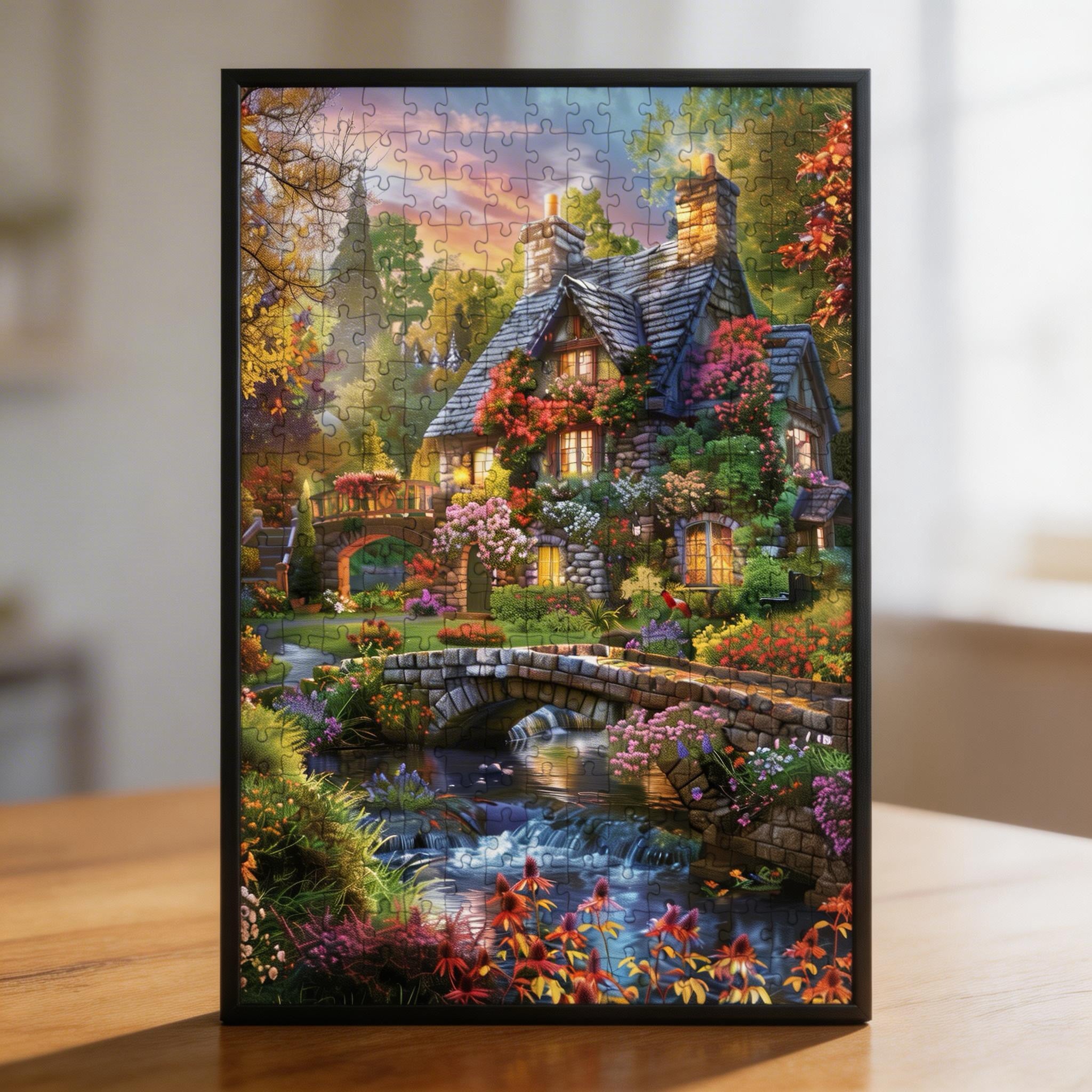 Cozy Waterfall Stone Cottage Wooden Jigsaw Puzzle - Rustic Nature Wood Puzzle for Adults
