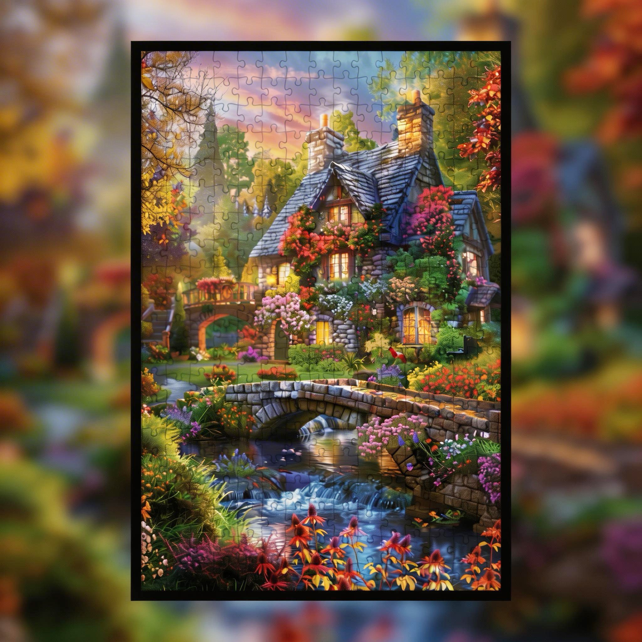 Cozy Waterfall Stone Cottage Wooden Jigsaw Puzzle Framed, Rustic Nature Home Decor