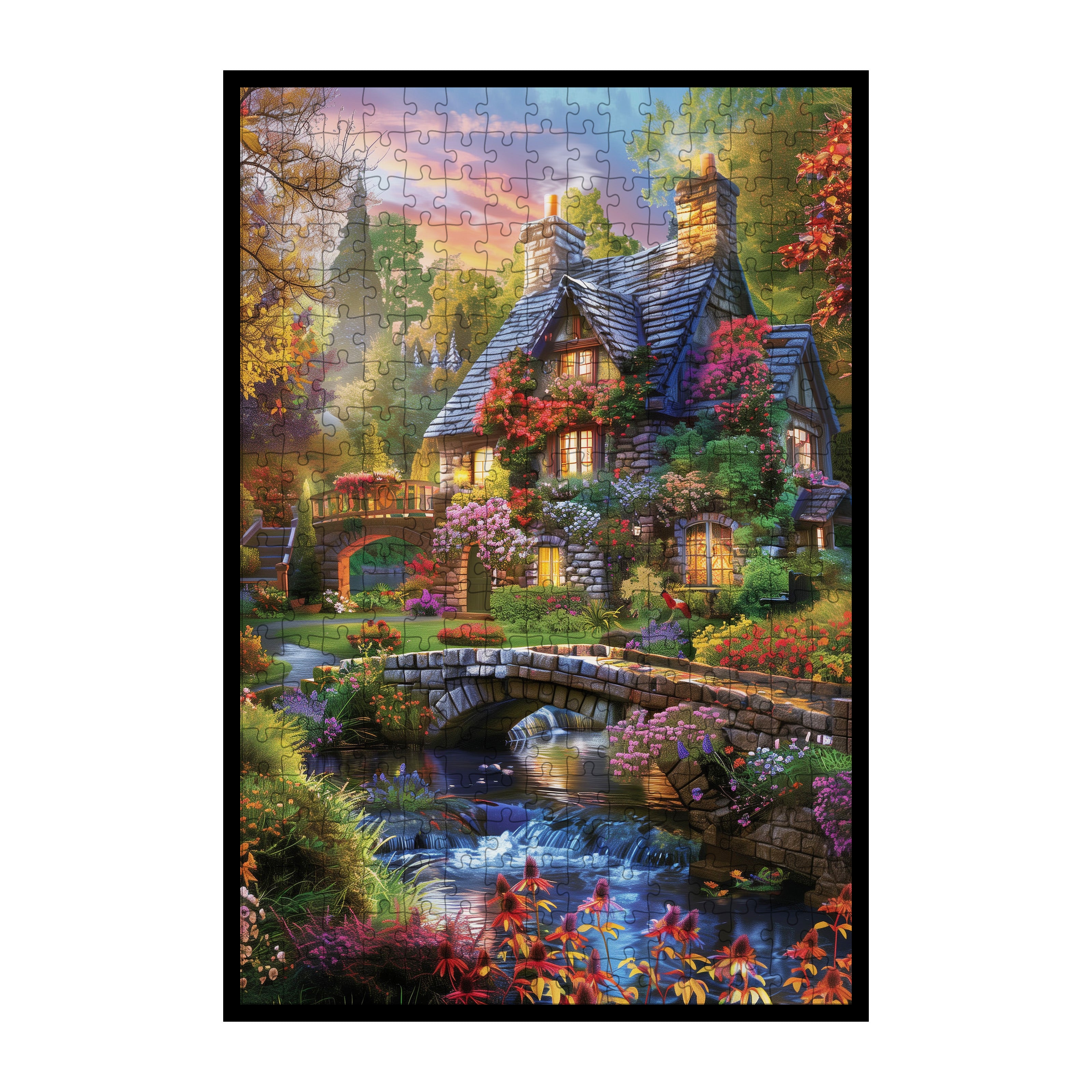 Cozy Waterfall Stone Cottage Wooden Jigsaw Puzzle Framed, Rustic Nature Home Decor