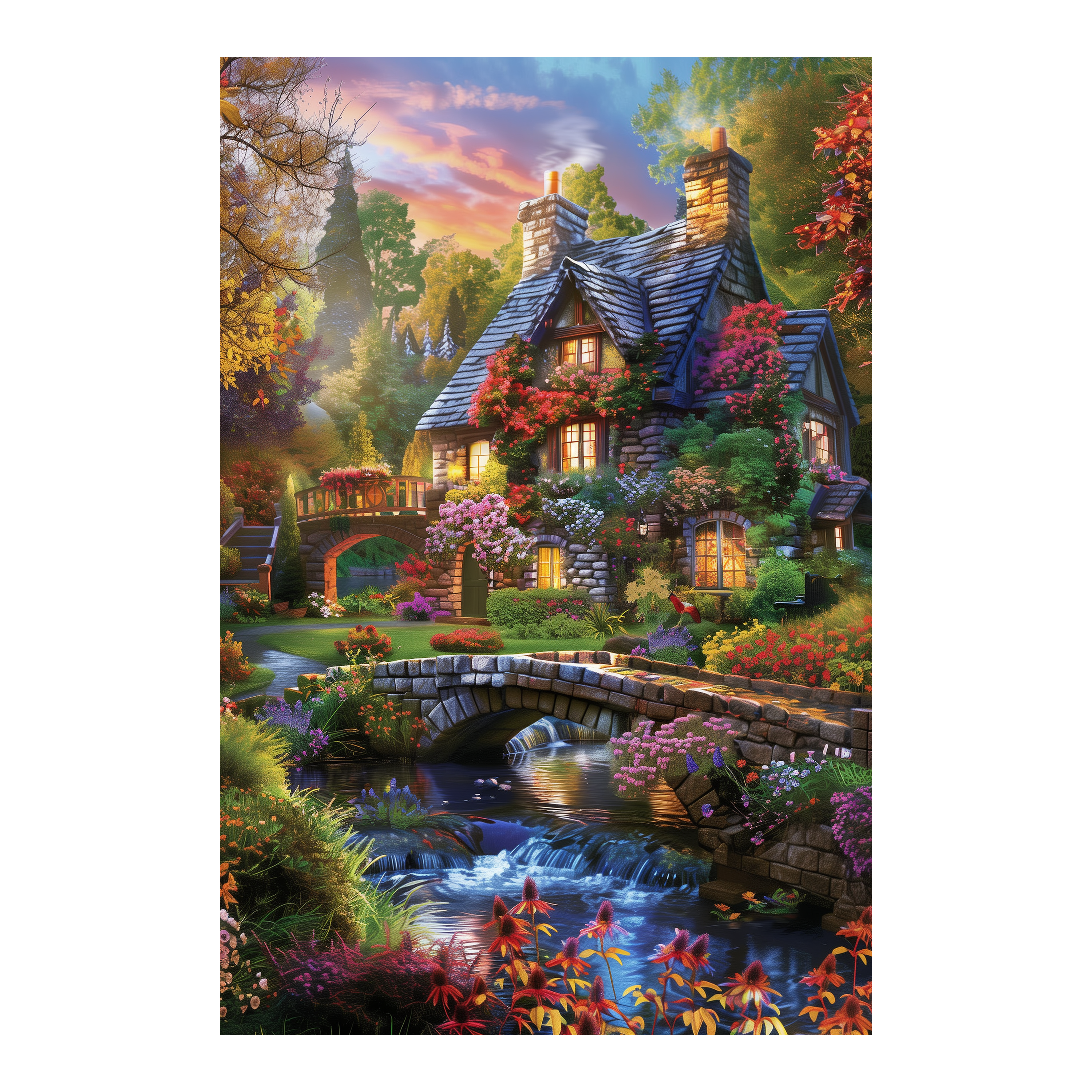 Cozy Waterfall Stone Cottage Wooden Jigsaw Puzzle Framed, Rustic Nature Home Decor