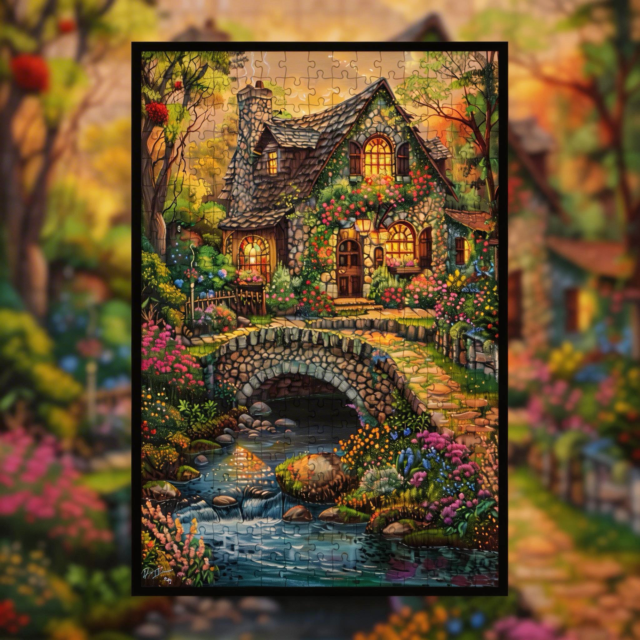 Creekside Stone Cottage Wooden Jigsaw Puzzle Framed, Enchanted Forest Stream Wall Decor