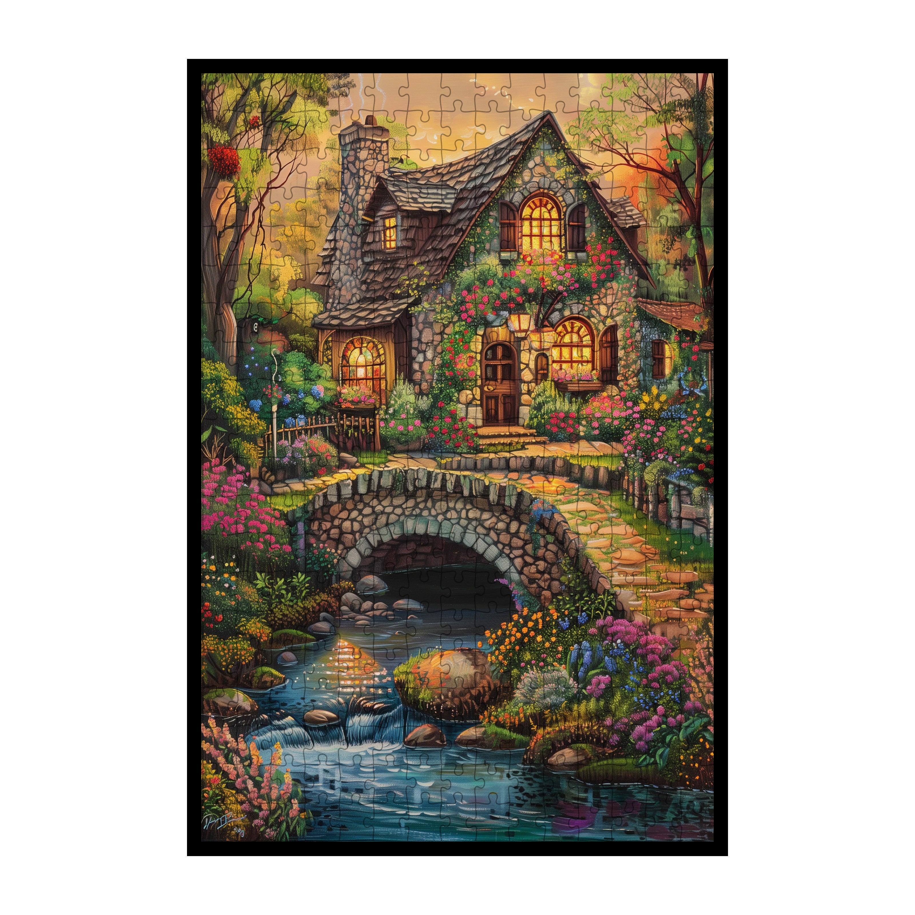 Creekside Stone Cottage Wooden Jigsaw Puzzle Framed, Enchanted Forest Stream Wall Decor