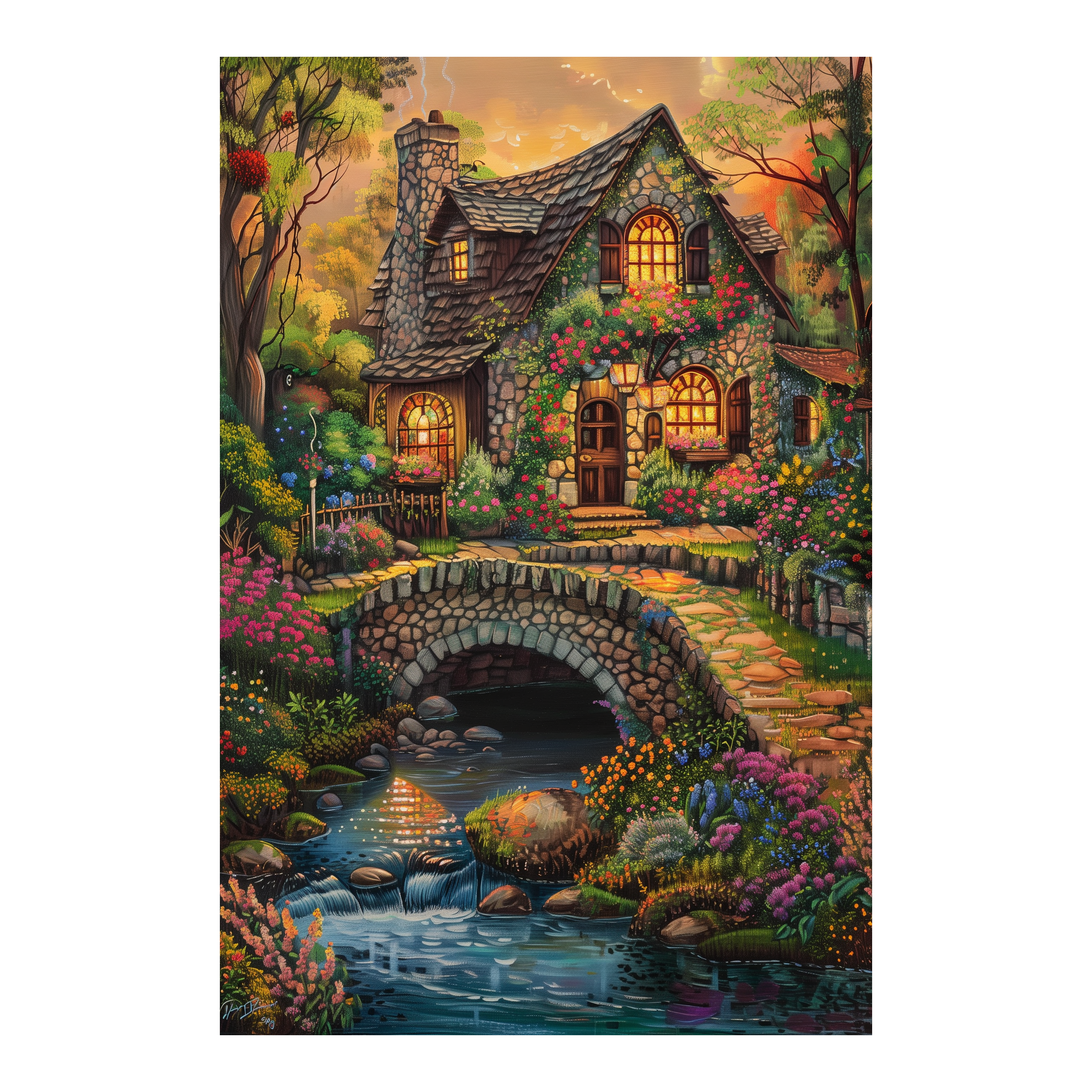 Creekside Stone Cottage Wooden Jigsaw Puzzle Framed, Enchanted Forest Stream Wall Decor