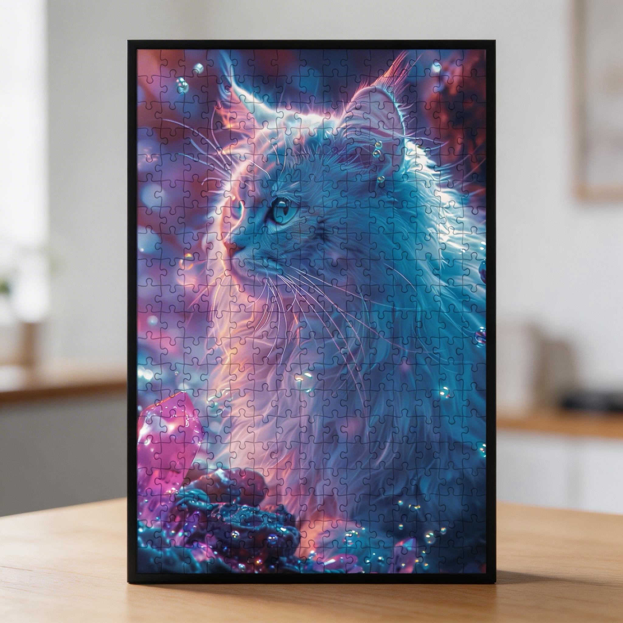 Crystal Blue Cat Shaped Wooden Jigsaw Puzzle - Mystical Gemstone Wood Puzzle for Adults