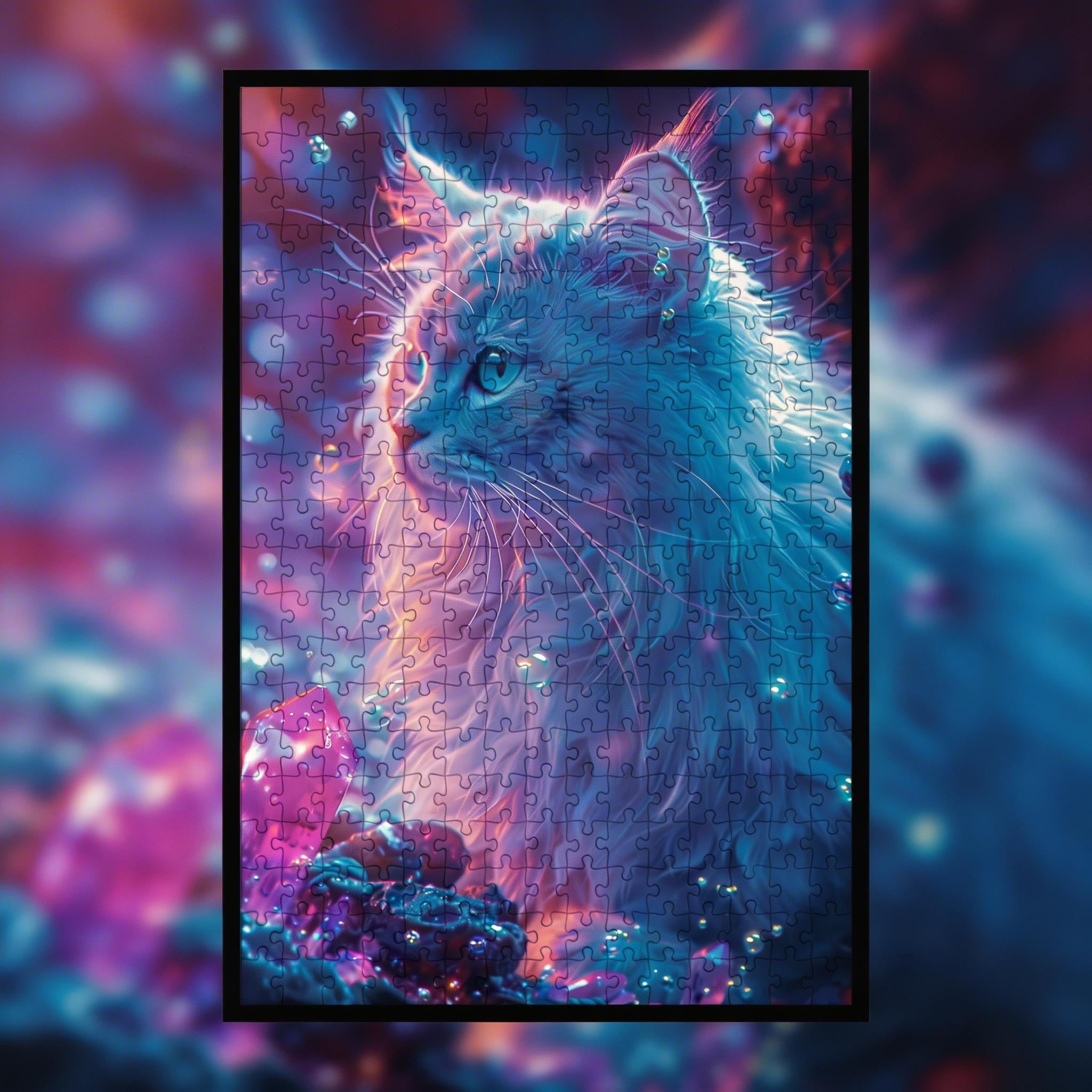 Crystal Blue Cat Shaped Wooden Jigsaw Puzzle - Mystical Gemstone Wood Puzzle for Adults