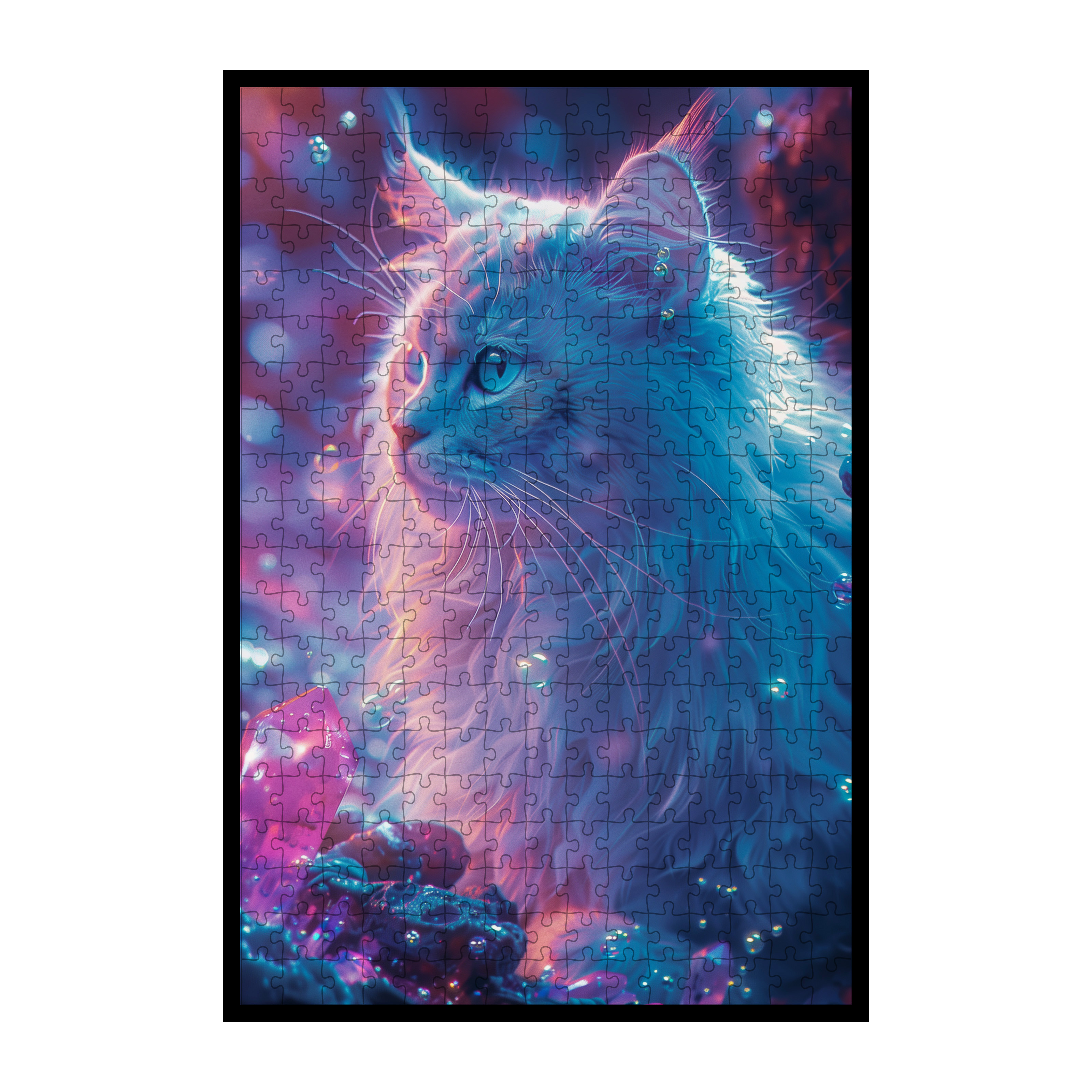 Crystal Blue Cat Shaped Wooden Jigsaw Puzzle - Mystical Gemstone Wood Puzzle for Adults