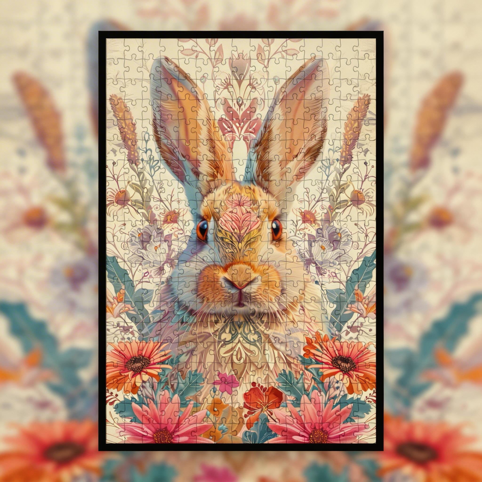 Dreamy Rabbit Mandala Wooden Jigsaw Puzzle - Enchanting Purple Animal Shaped Wood Puzzle - Artistic Gift