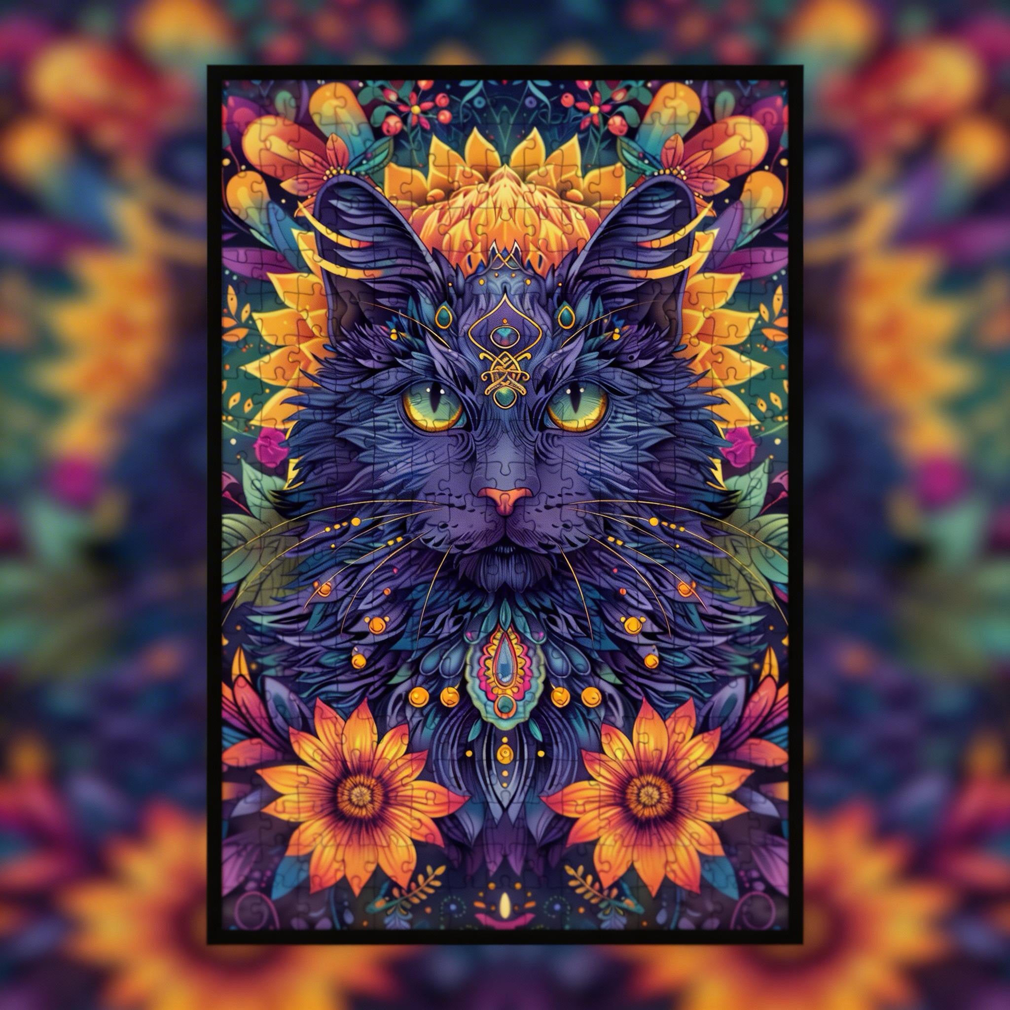 Elegant Cat Mandala Animal Shaped Wooden Jigsaw Puzzle - Zen Feline Wood Puzzle for Adult Collectors