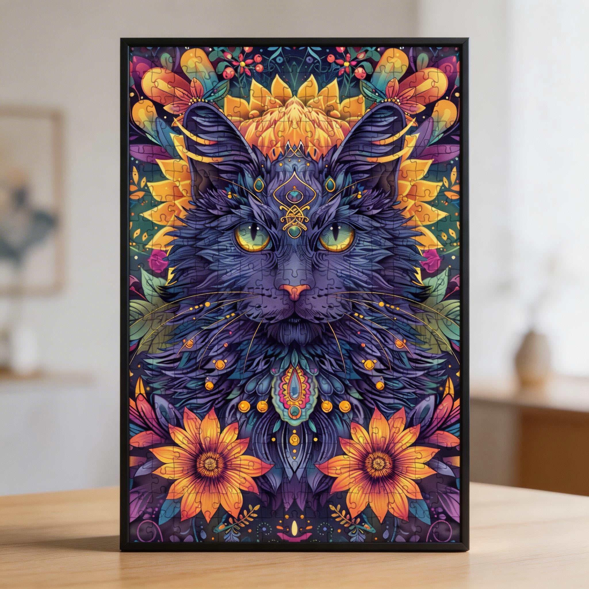 Elegant Cat Mandala Animal Shaped Wooden Jigsaw Puzzle - Zen Feline Wood Puzzle for Adult Collectors
