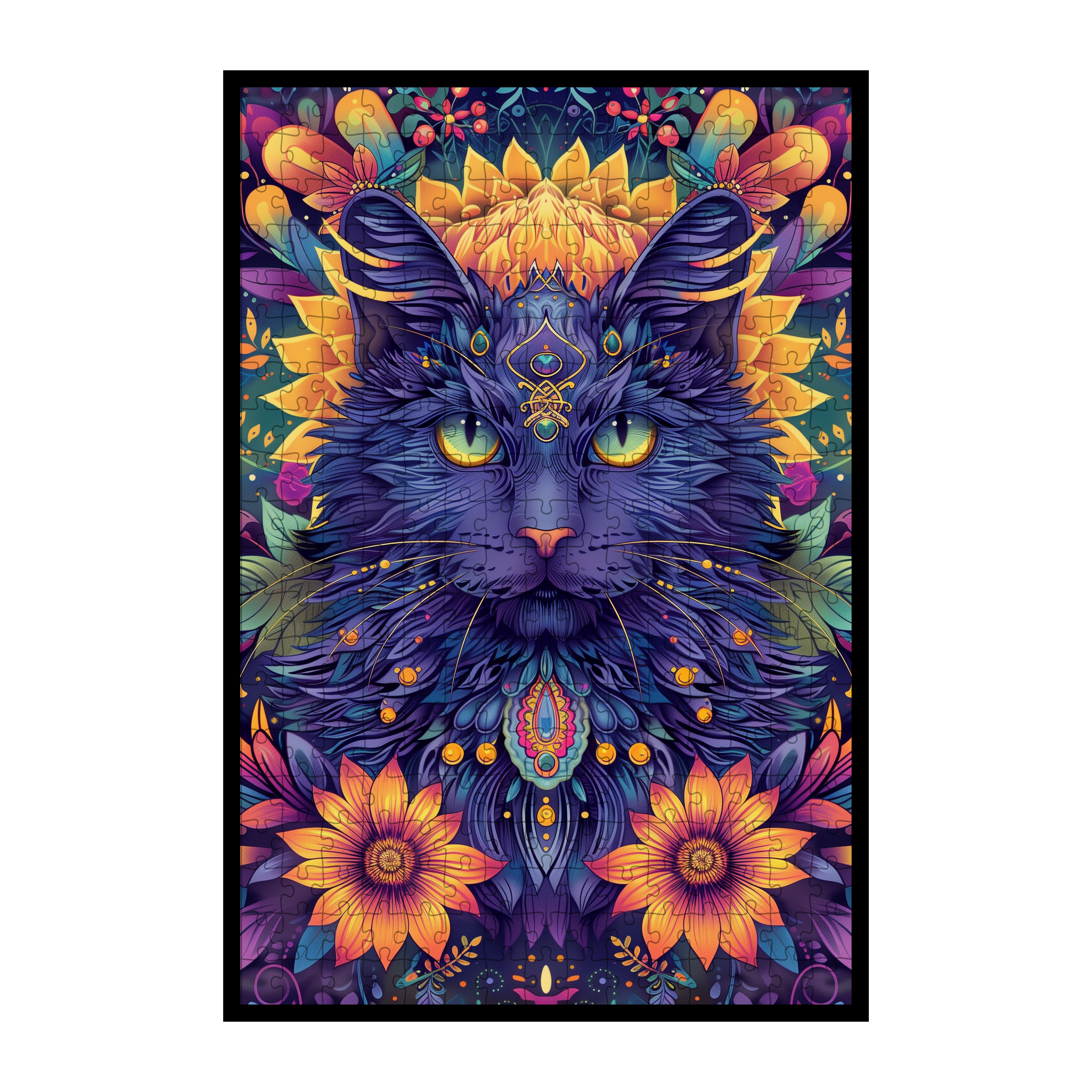 Elegant Cat Mandala Animal Shaped Wooden Jigsaw Puzzle - Zen Feline Wood Puzzle for Adult Collectors
