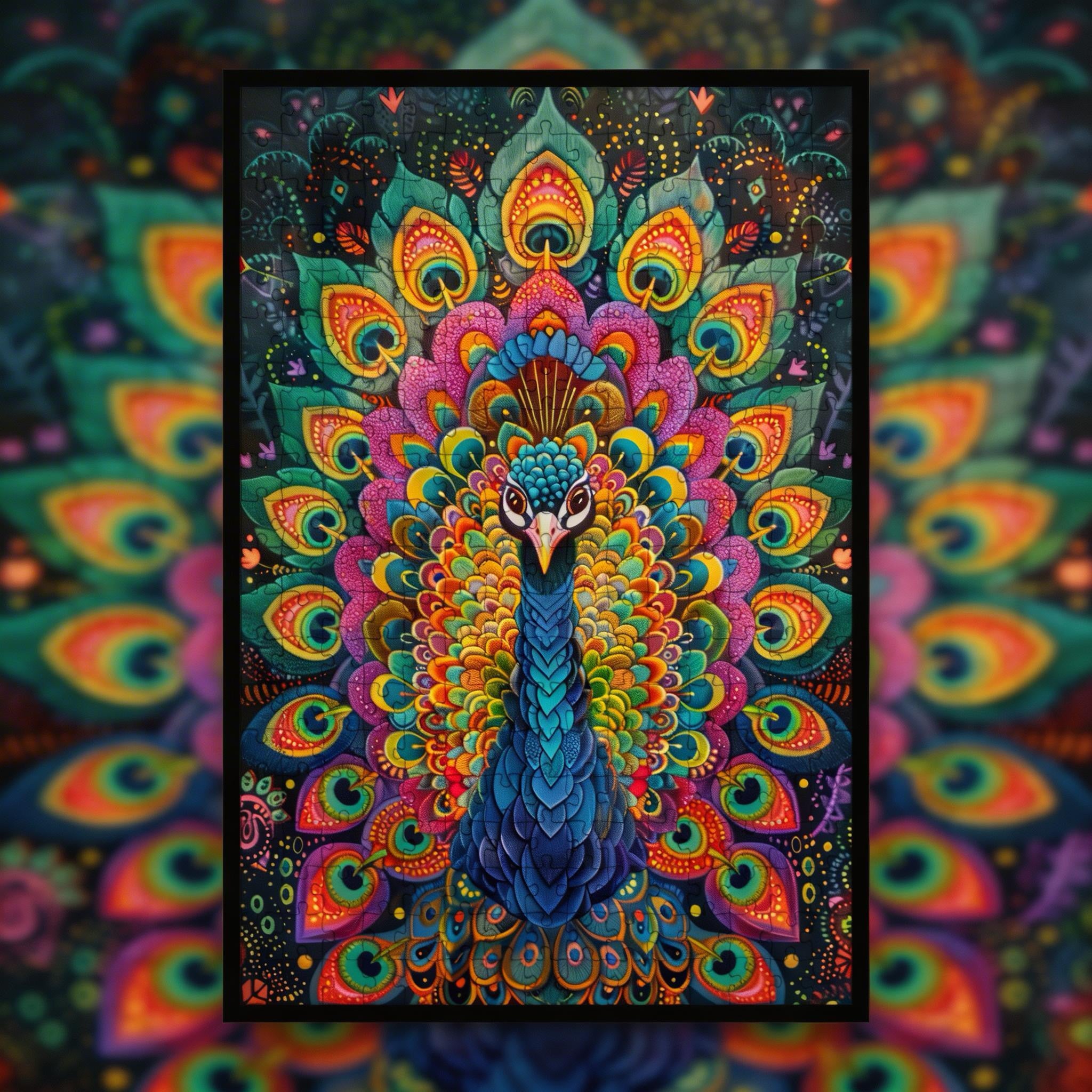 Emerald Peacock Mandala Wooden Jigsaw Puzzle - Vibrant Bird Shaped Wood Puzzle - Decorative Art Piece