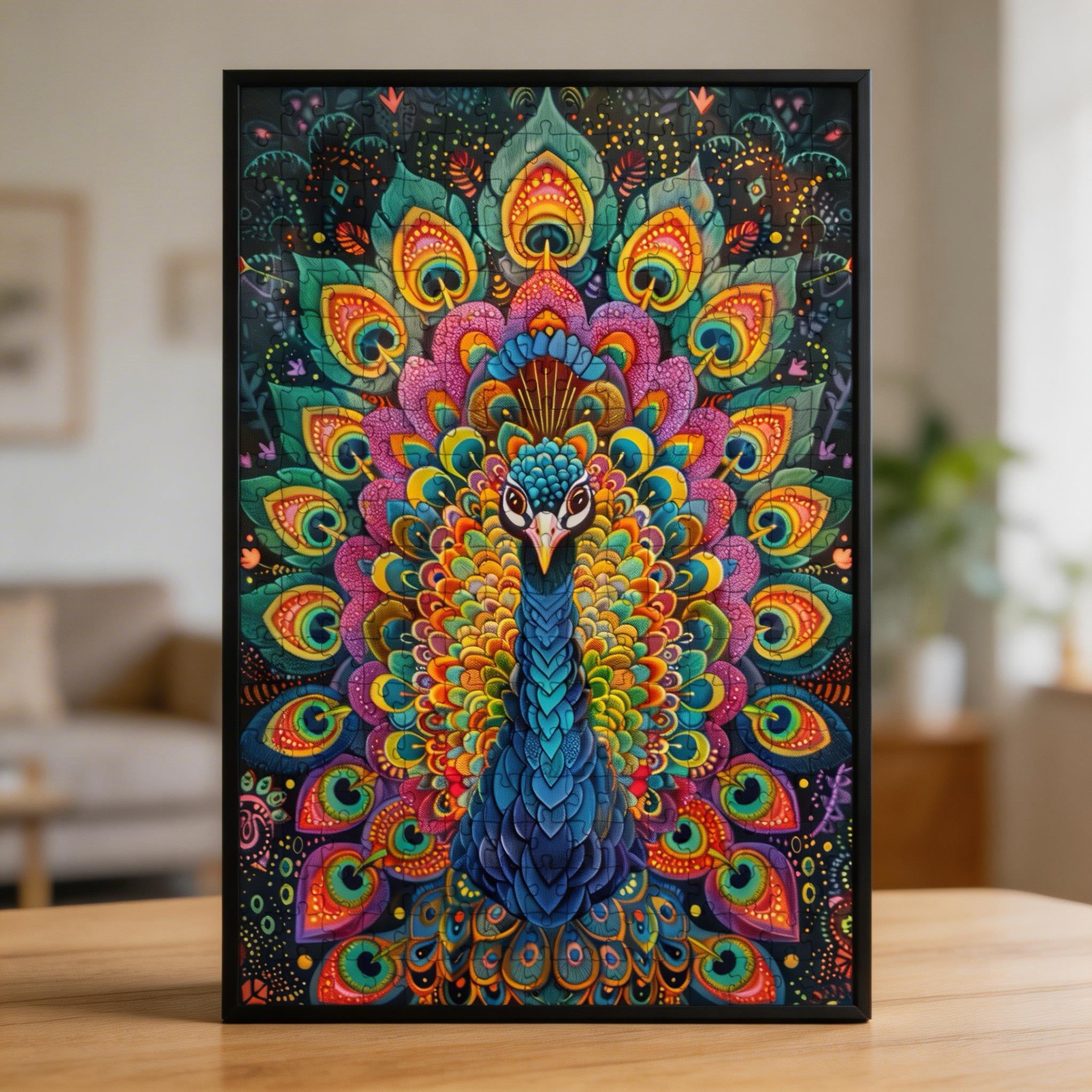 Emerald Peacock Mandala Wooden Jigsaw Puzzle - Vibrant Bird Shaped Wood Puzzle - Decorative Art Piece