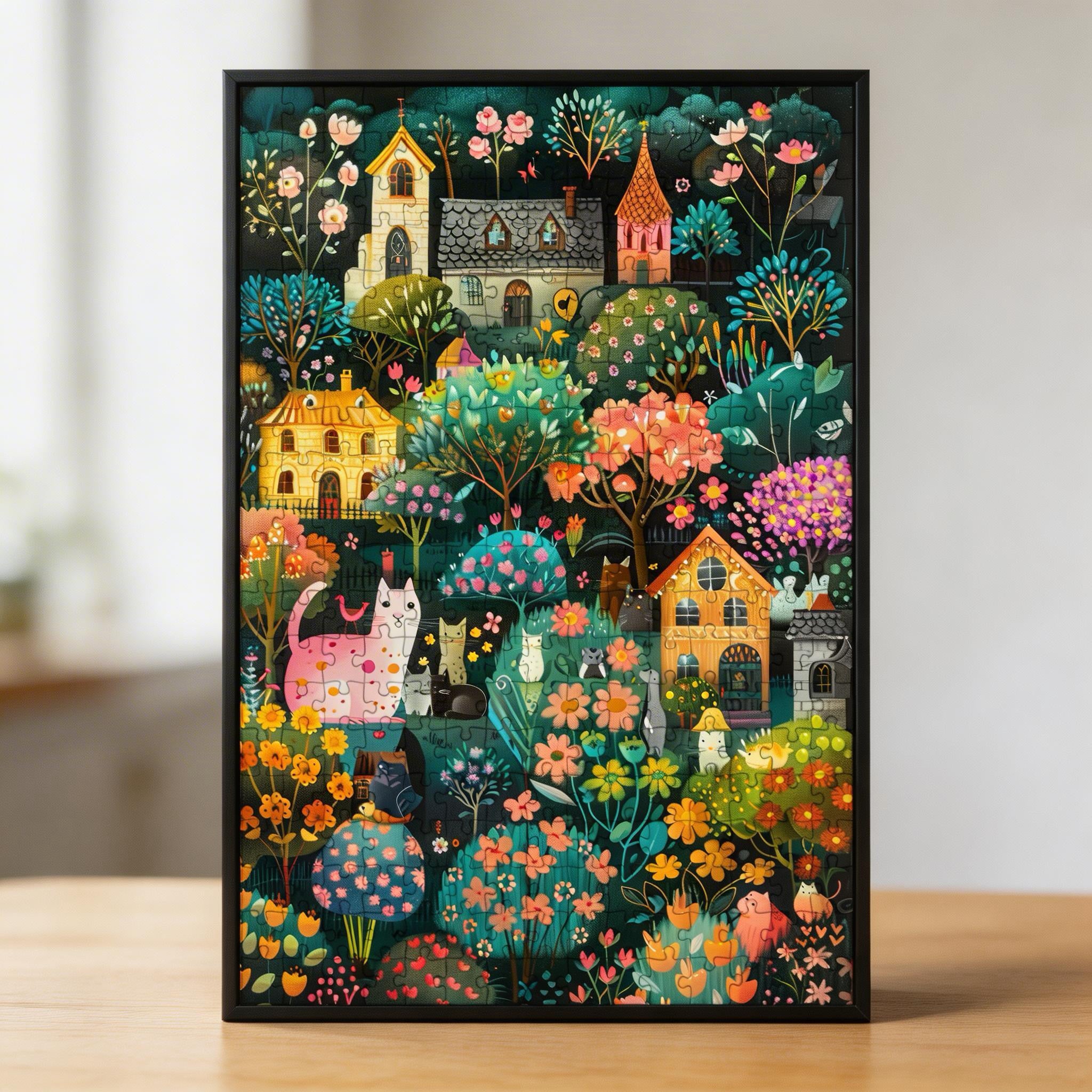 Enchanted Cat Forest Village Wooden Jigsaw Puzzle - Whimsical Storybook Town Wood Puzzle