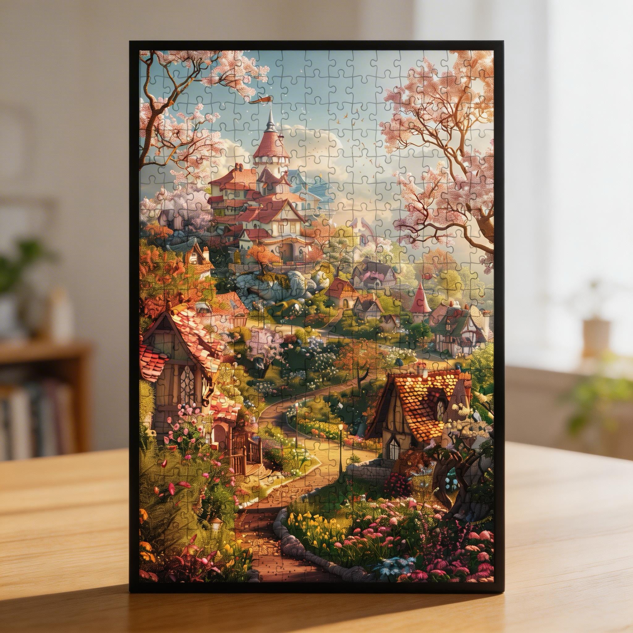 Enchanted Cherry Blossom Castle Town Wooden Jigsaw Puzzle - Fantasy Village Wood Puzzle