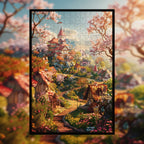 Enchanted Cherry Blossom Castle Town Wooden Jigsaw Puzzle Framed, Fantasy Village Wall Decor