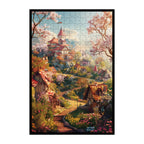 Enchanted Cherry Blossom Castle Town Wooden Jigsaw Puzzle Framed, Fantasy Village Wall Decor