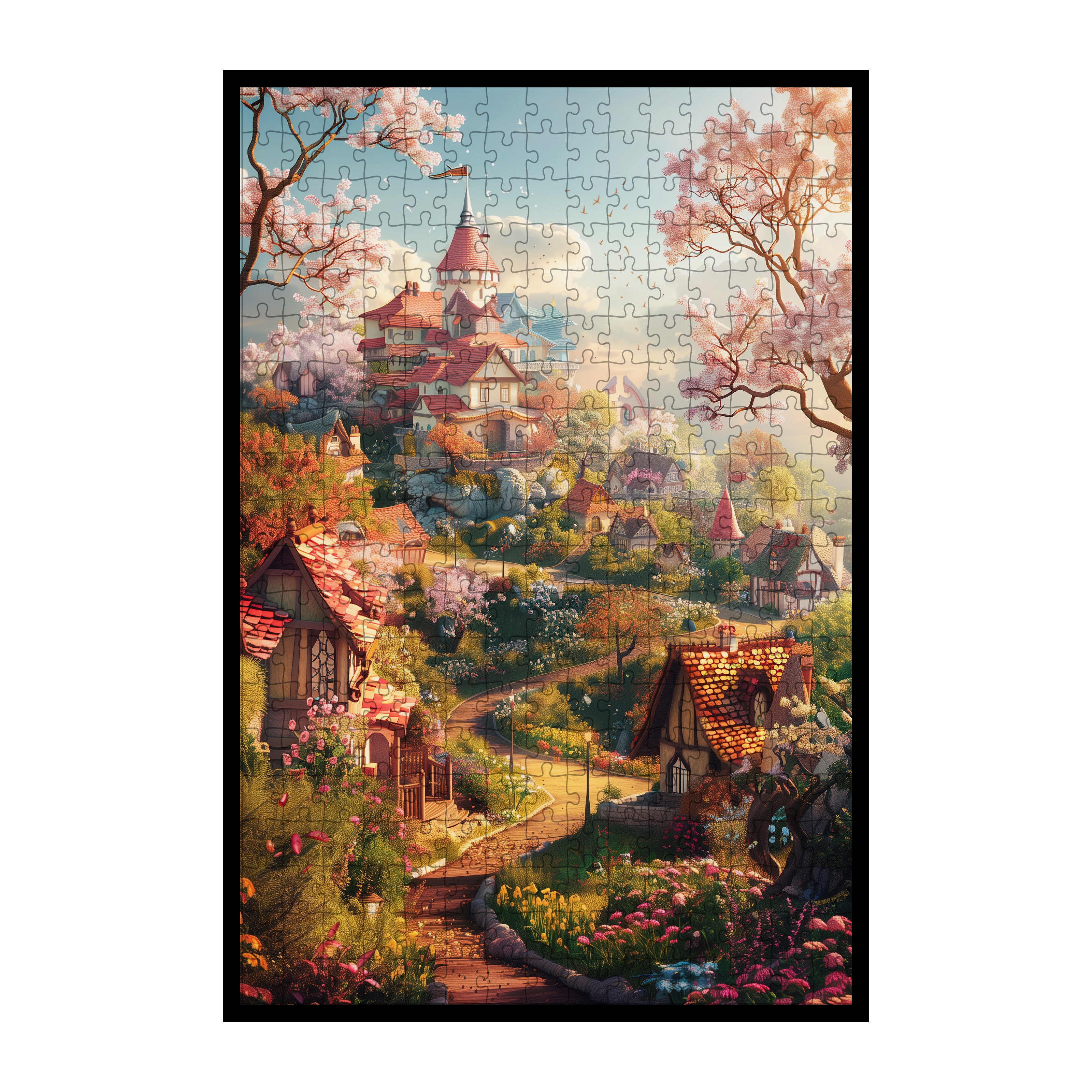 Enchanted Cherry Blossom Castle Town Wooden Jigsaw Puzzle Framed, Fantasy Village Wall Decor