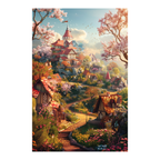 Enchanted Cherry Blossom Castle Town Wooden Jigsaw Puzzle Framed, Fantasy Village Wall Decor