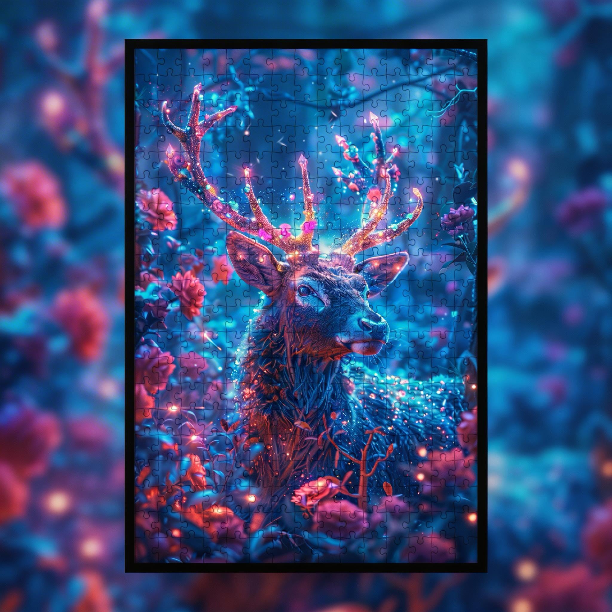 Enchanted Crystal Deer Shaped Wooden Jigsaw Puzzle - Magical Forest Wood Puzzle for Adults