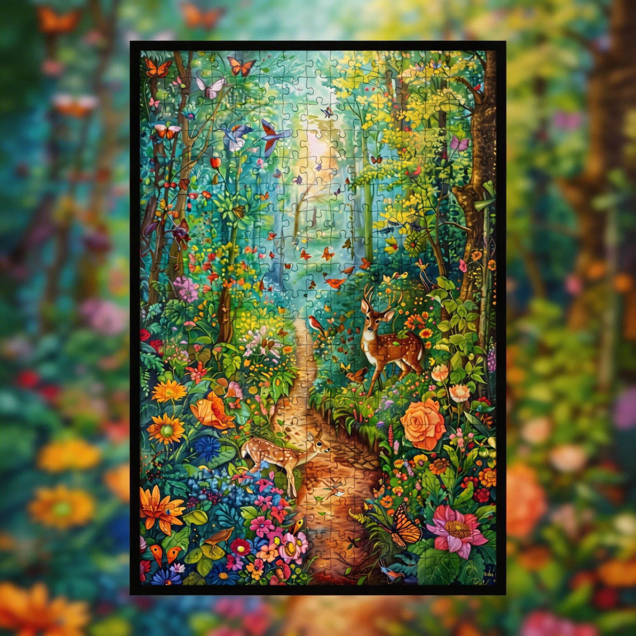 Enchanted Forest Deer Family Wooden Jigsaw Puzzle Framed, Whimsical Woodland Wall Decor