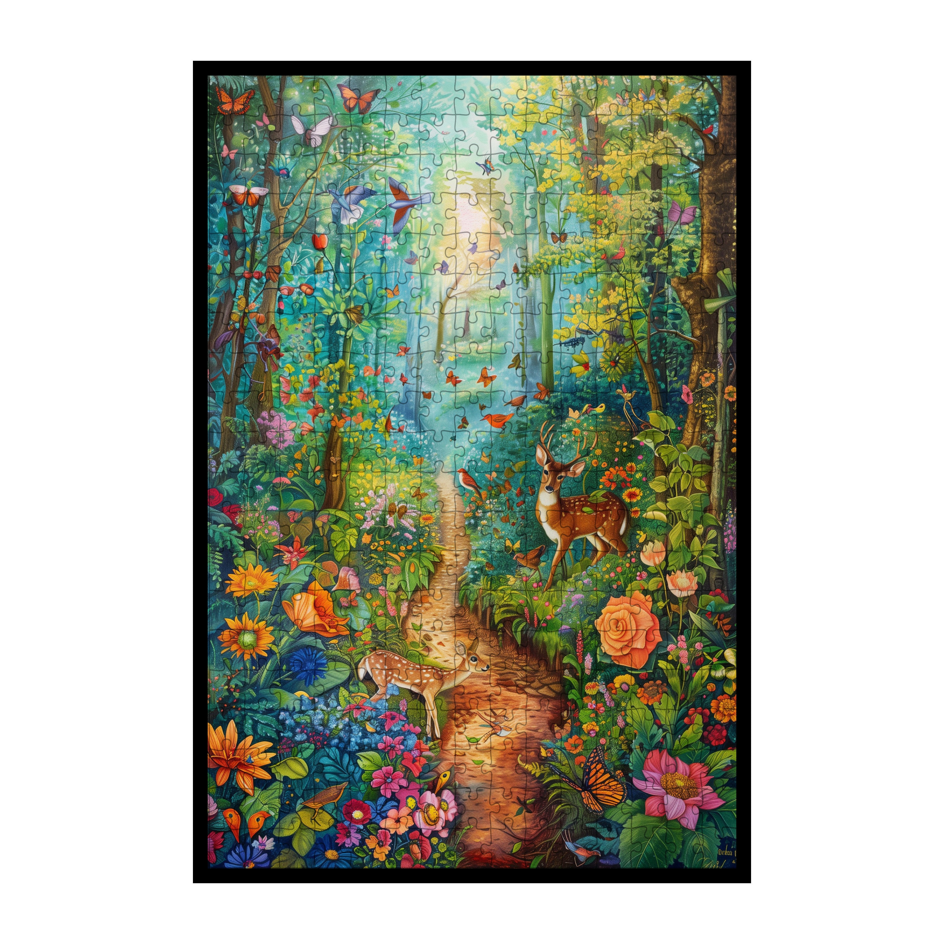 Enchanted Forest Deer Family Wooden Jigsaw Puzzle Framed, Whimsical Woodland Wall Decor