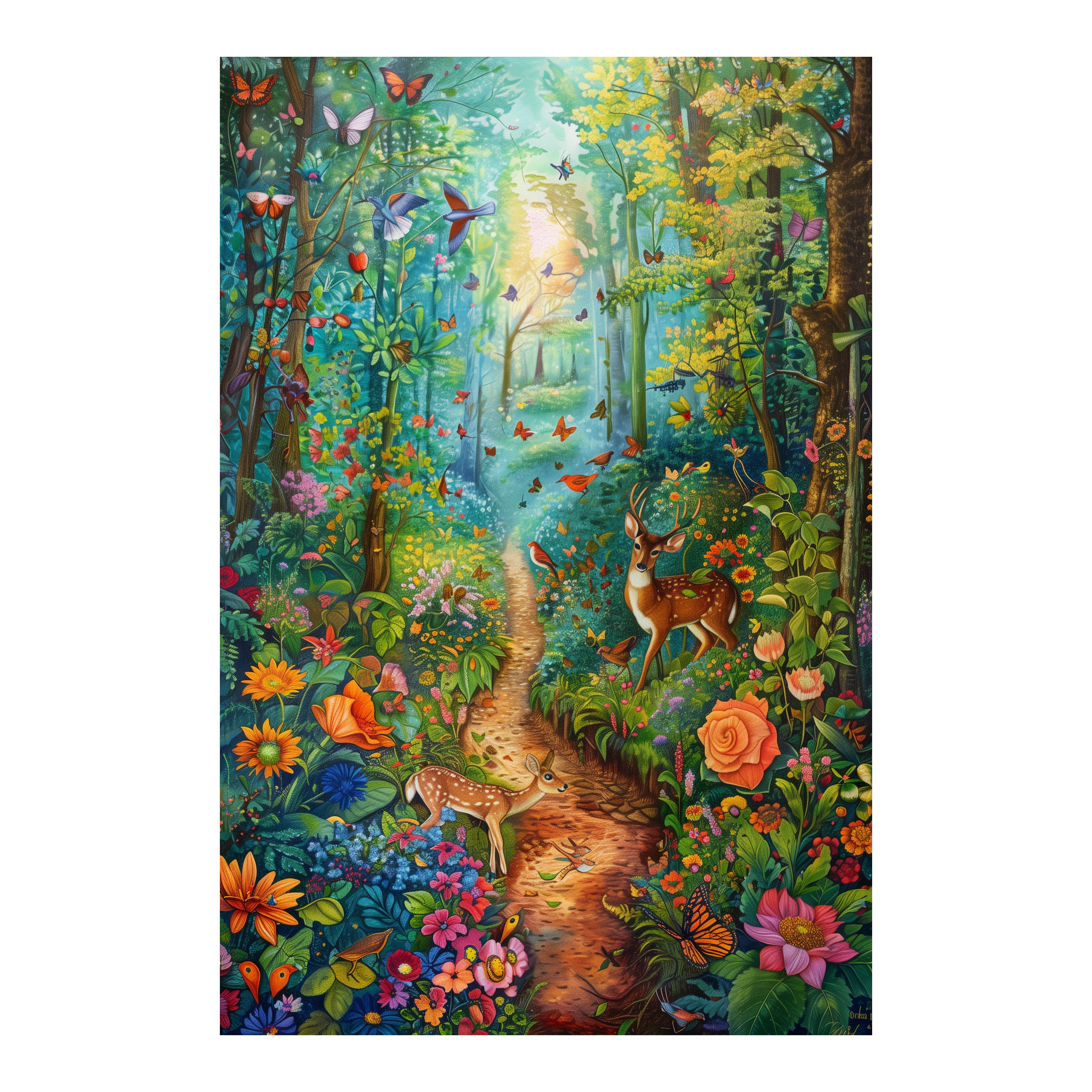 Enchanted Forest Deer Family Wooden Jigsaw Puzzle Framed, Whimsical Woodland Wall Decor