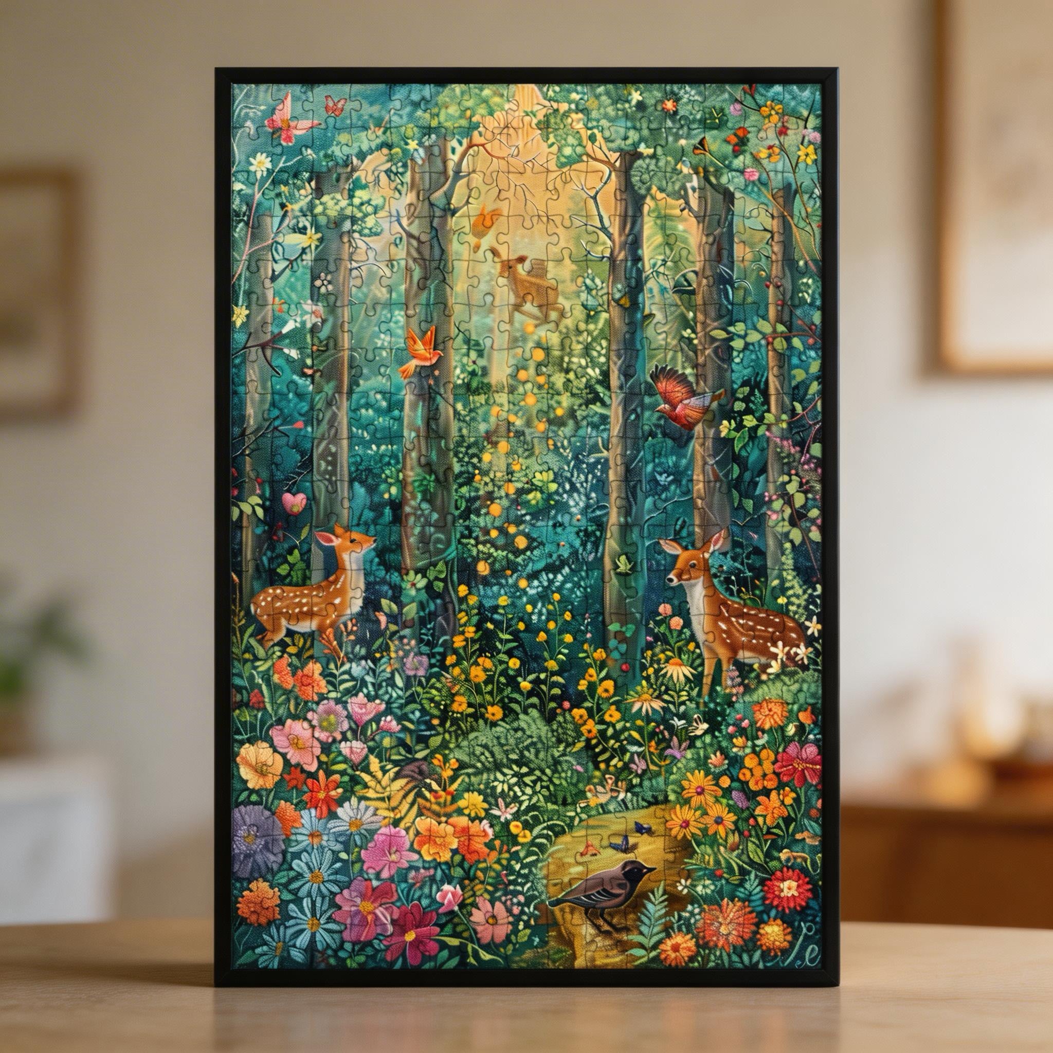 Magical Woodland Deer Family Wooden Jigsaw Puzzle - Enchanted Nature Wood Puzzle