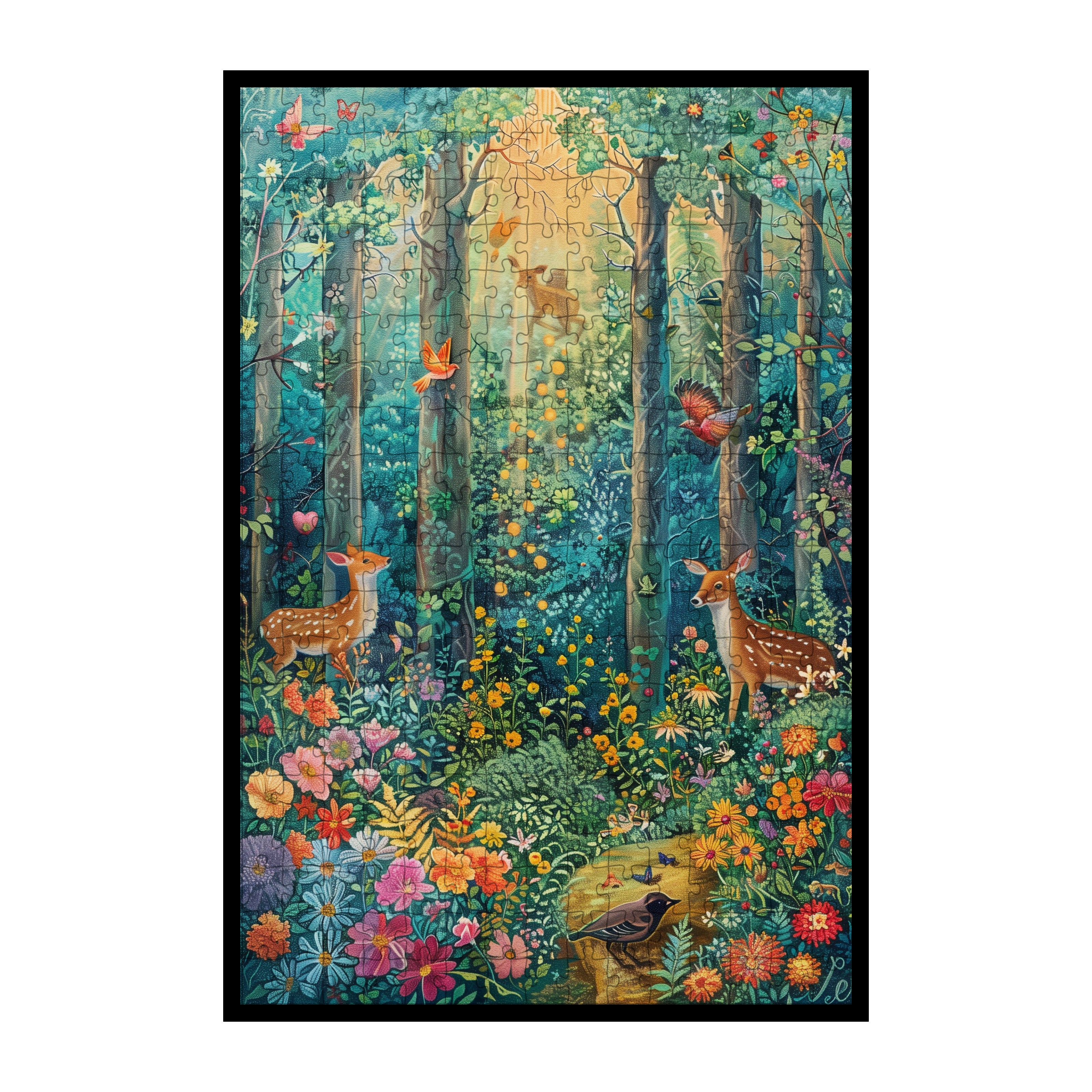 Enchanted Forest Deer Family Wooden Jigsaw Puzzle, Whimsical Woodland Wall Art