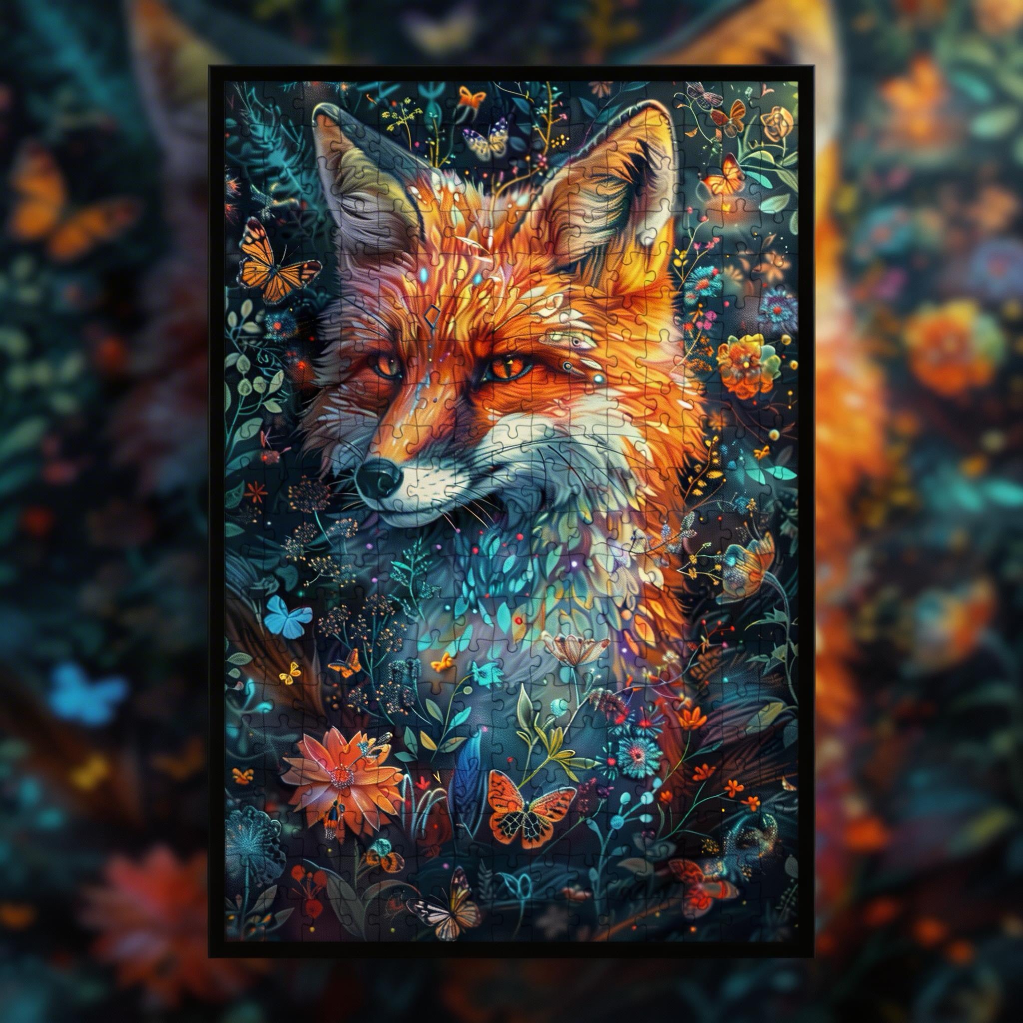 Enchanted Forest Fox Shaped Wooden Jigsaw Puzzle - Floral Wildlife Wood Puzzle for Adults
