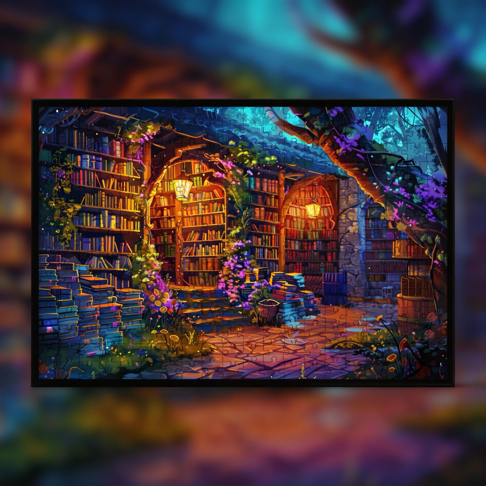 Enchanted Forest Library Wooden Jigsaw Puzzle Framed, Fantasy Book Nook Wall Decor