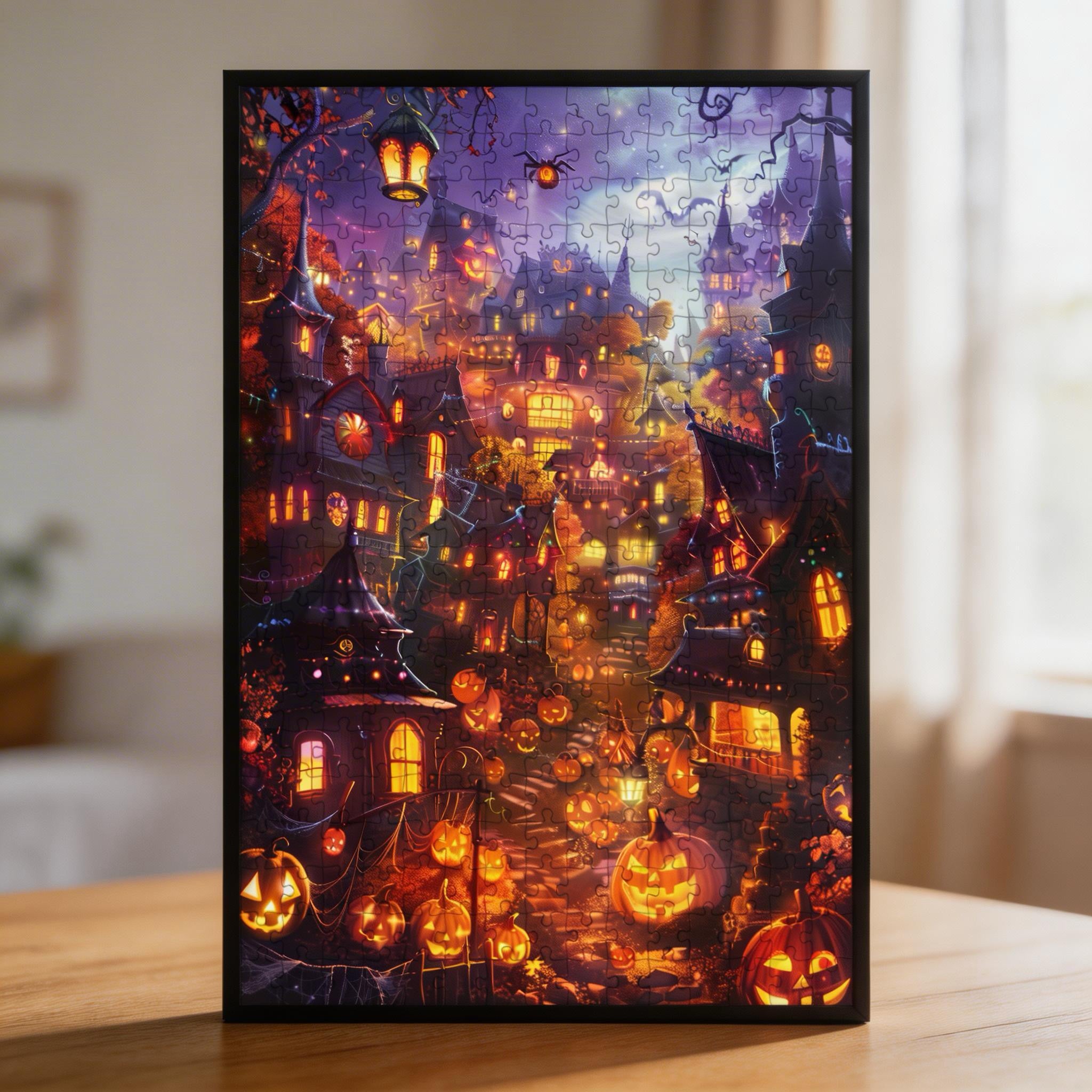 Enchanted Halloween Street Wooden Jigsaw Puzzle - Pumpkin House Wood Puzzle for Adults