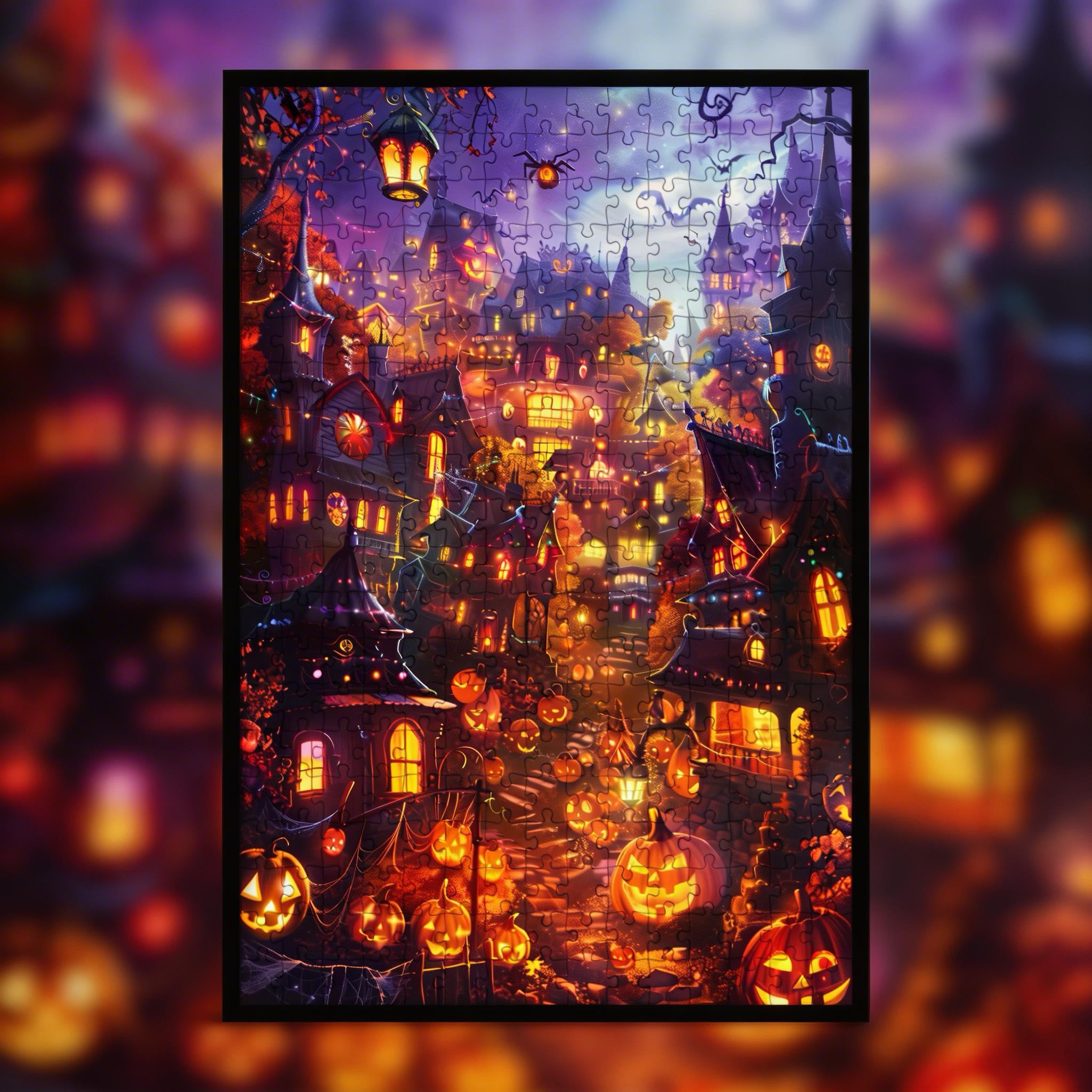 Enchanted Halloween Street Wooden Jigsaw Puzzle Framed, Pumpkin House Wall Art