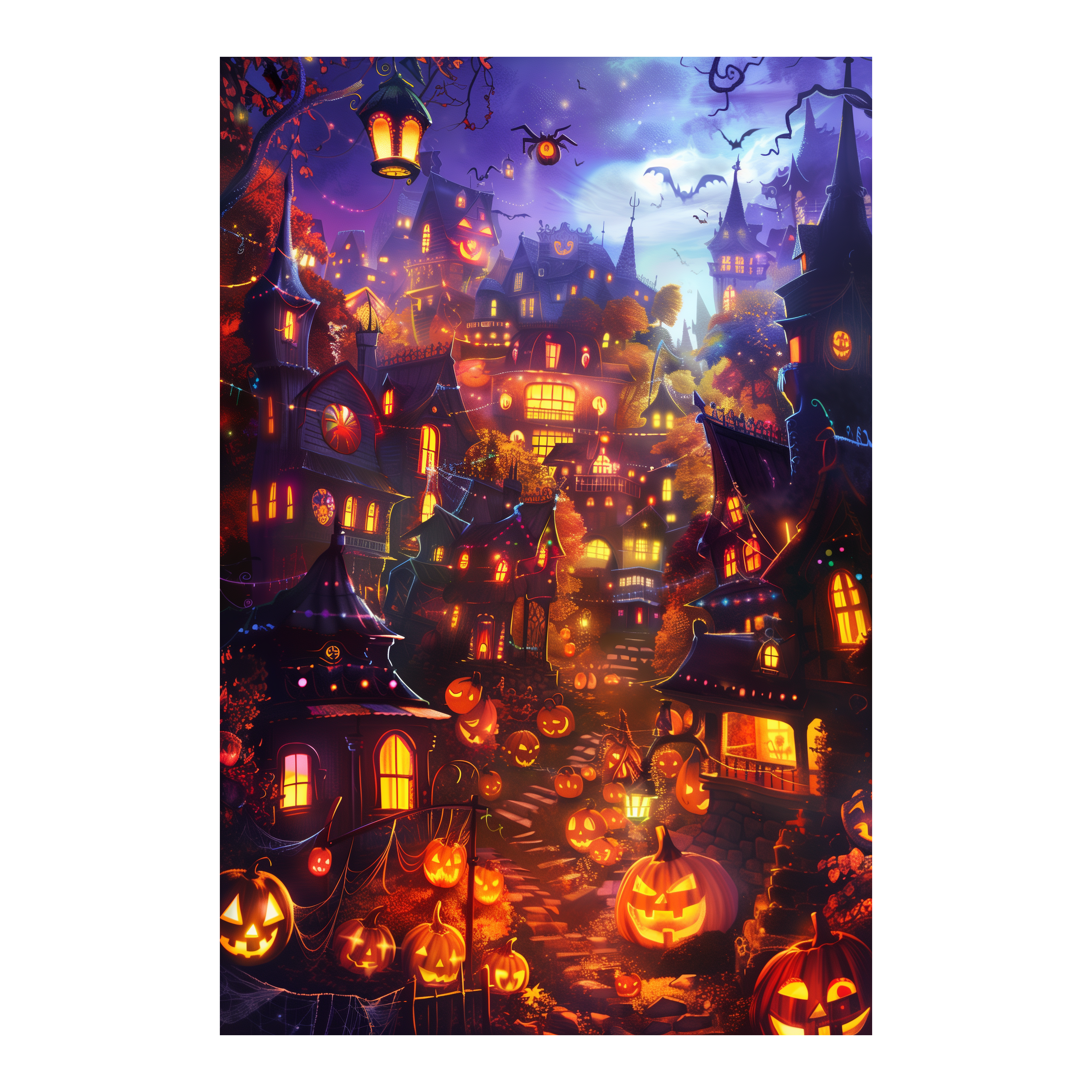 Enchanted Halloween Street Wooden Jigsaw Puzzle Framed, Pumpkin House Wall Art