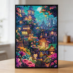Enchanted Moonlit Cat Town Wooden Jigsaw Puzzle - Whimsical Fantasy Village Wood Puzzle